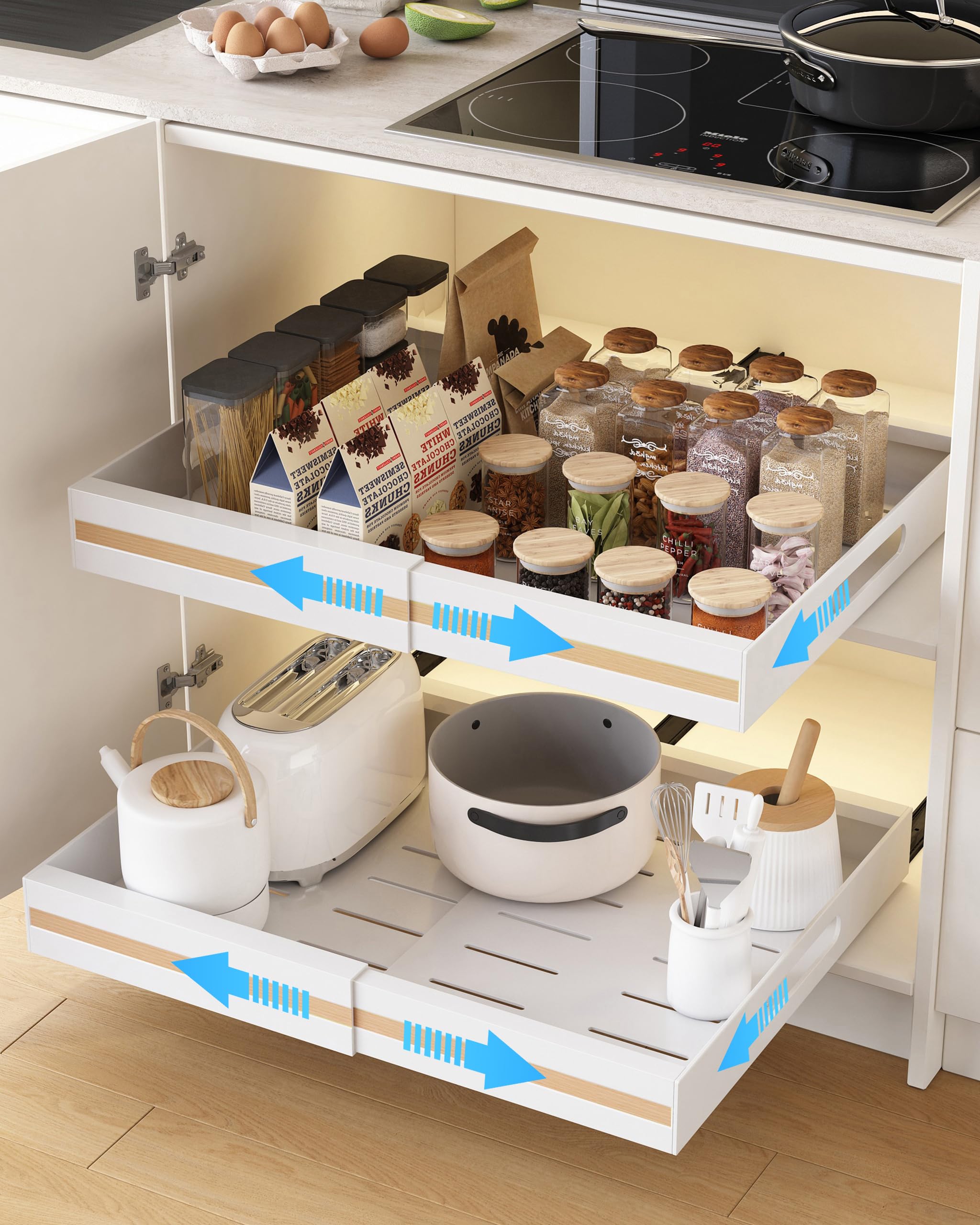 UMDONX Lot de 2 Tiroir Coulissant Cuisine Adhésif Rangement Placard Blanc - Tiroir Télescopique Extensible (largeur réglable de 30.5 à 51.5)