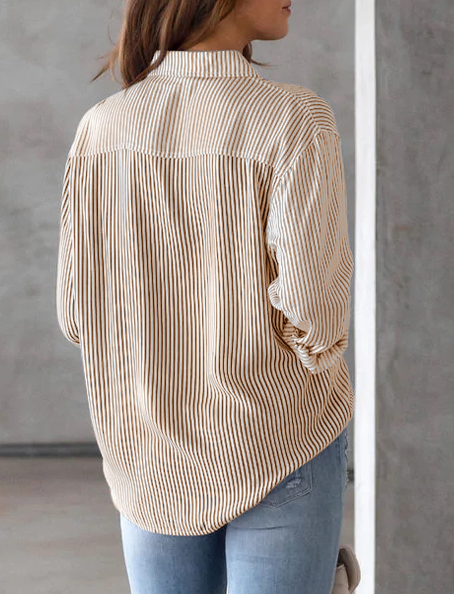 Panegy Hauts rayés pour femme - Manches longues - Élégant col en V - Chemises boutonnées - Tunique élégante - Pour le bureau et le travail - En coton - Décontracté - Basique