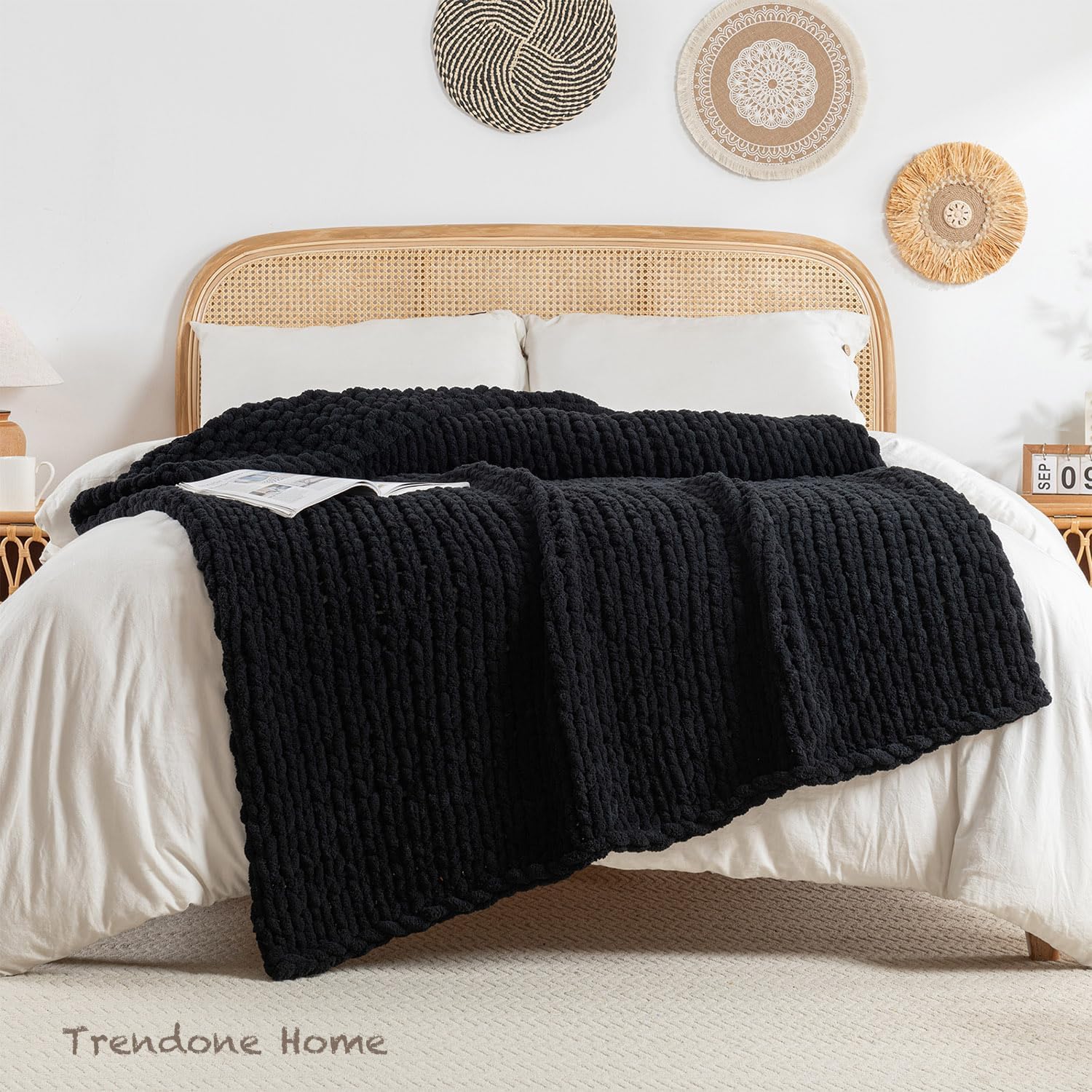 Chunky Knit Blanket Throw, 100% Hand Knit Throw Blanket Handmade Chenille Cable Knit Throw for Couch, Stylish Cozy Soft Rope Knot Crochet Blanket for Home Decor, Black, 50x60 Inches - Image 5