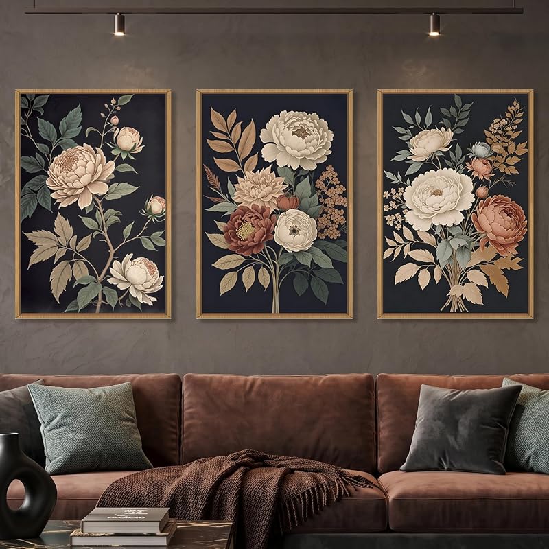 Large Moody Dark Flower Framed Canvas Wall Art Set- 16"x24"x3 | Retro Natural Beige Red Peony Wildflower Wall Decor,Vintage Textured Blossom Botanical Artwork for Living Room,Bedroom,Office
