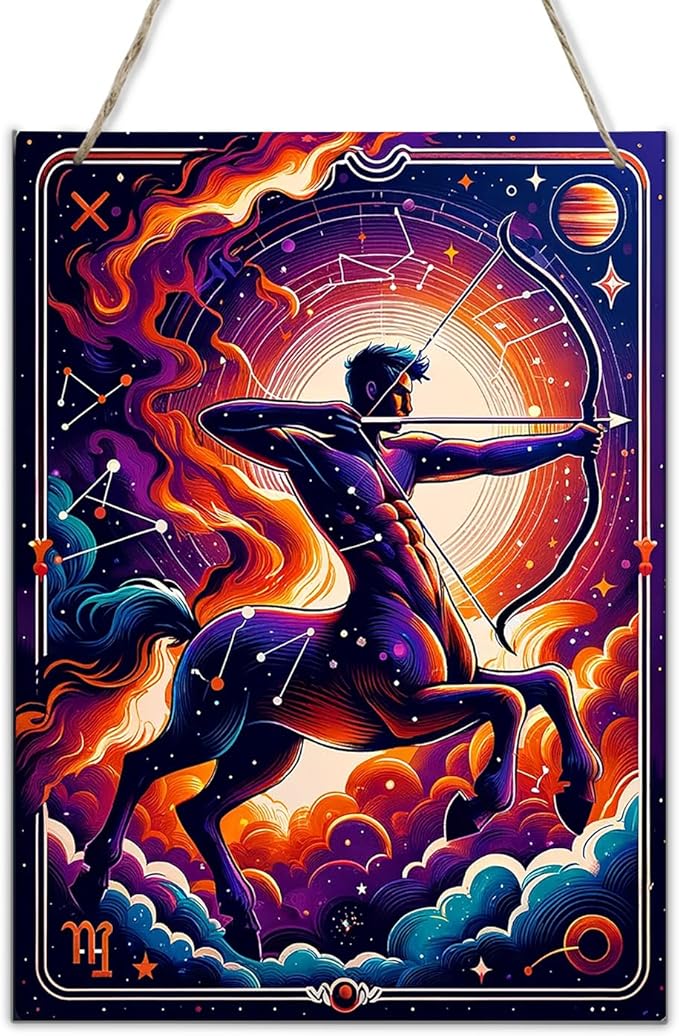 Sagittarius Centaur Archer,Zodiac Wooden Hang Signs Astrology Horoscope Wall Art,Cosmic Star Sign Decor for Home,Bedroom,Bar,Retro Celestial Poster,Gift for Astro Lovers & Collectors 6x12inch