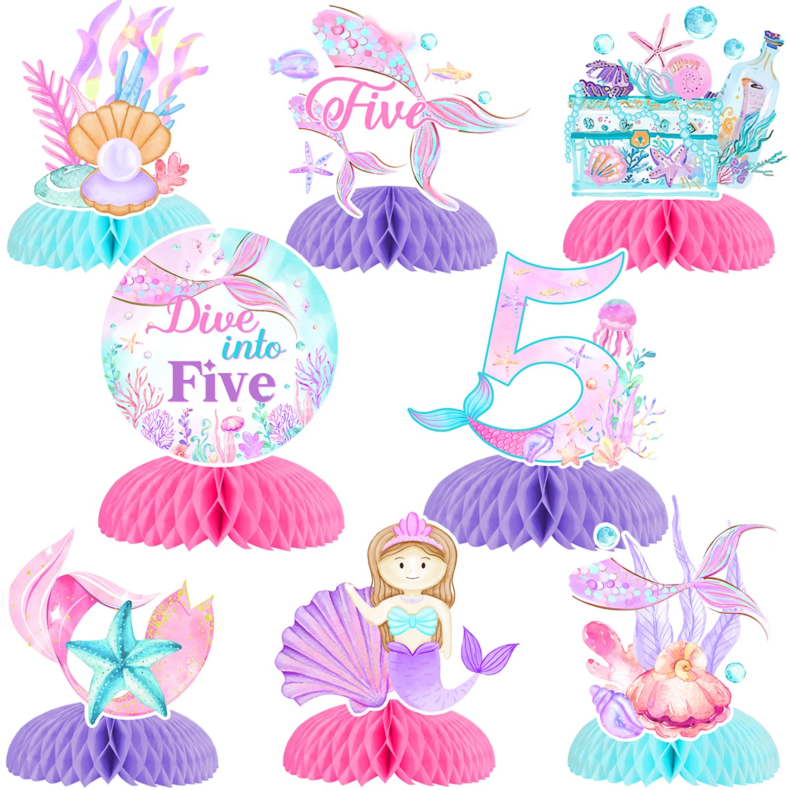 Kreatwow Mermaid 5th Birthday Decorations 8pcs Mermaid Dive Into 5 Honeycomb Centerpiece Little Mermaid Birthday Party Supplies Mermaid Ocean Table Toppers Centerpieces Under The Sea Party Decors