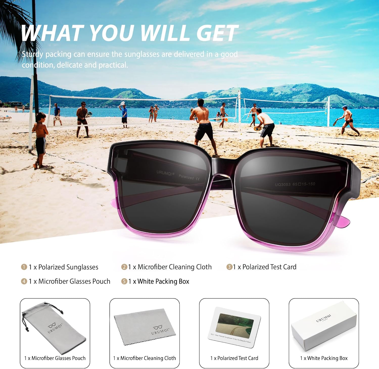 URUMQI Polarized Sunglasses Fit Over Glasses for Women, UV400 Protection Trendy Square Womens Mens Shades Sun Glasses
