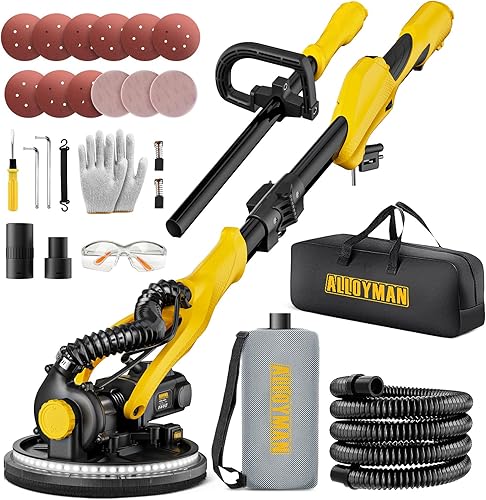 Lijadora de paneles de yeso, lijadora eléctrica de paneles de yeso de 1050 W con colección de polvo al vacío, lijadora de pared de 2100 RPM con 7