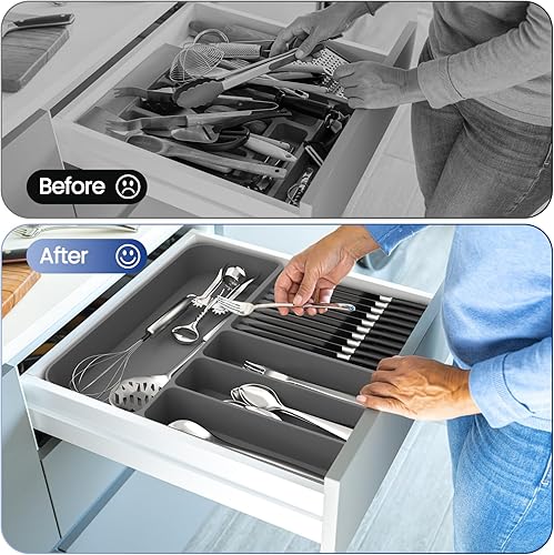Miniatura 5 de OUTXE Organizador de cajones de cubiertos de silicona, organizador de utensilios antideslizante para cajones de cocina, bandeja de cubiertos con