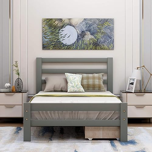 Miniatura 7 de Marco de cama de plataforma de madera maciza con cabecero y estribo, no necesita somier, fácil montaje, tamaño individual con cajones, color gris