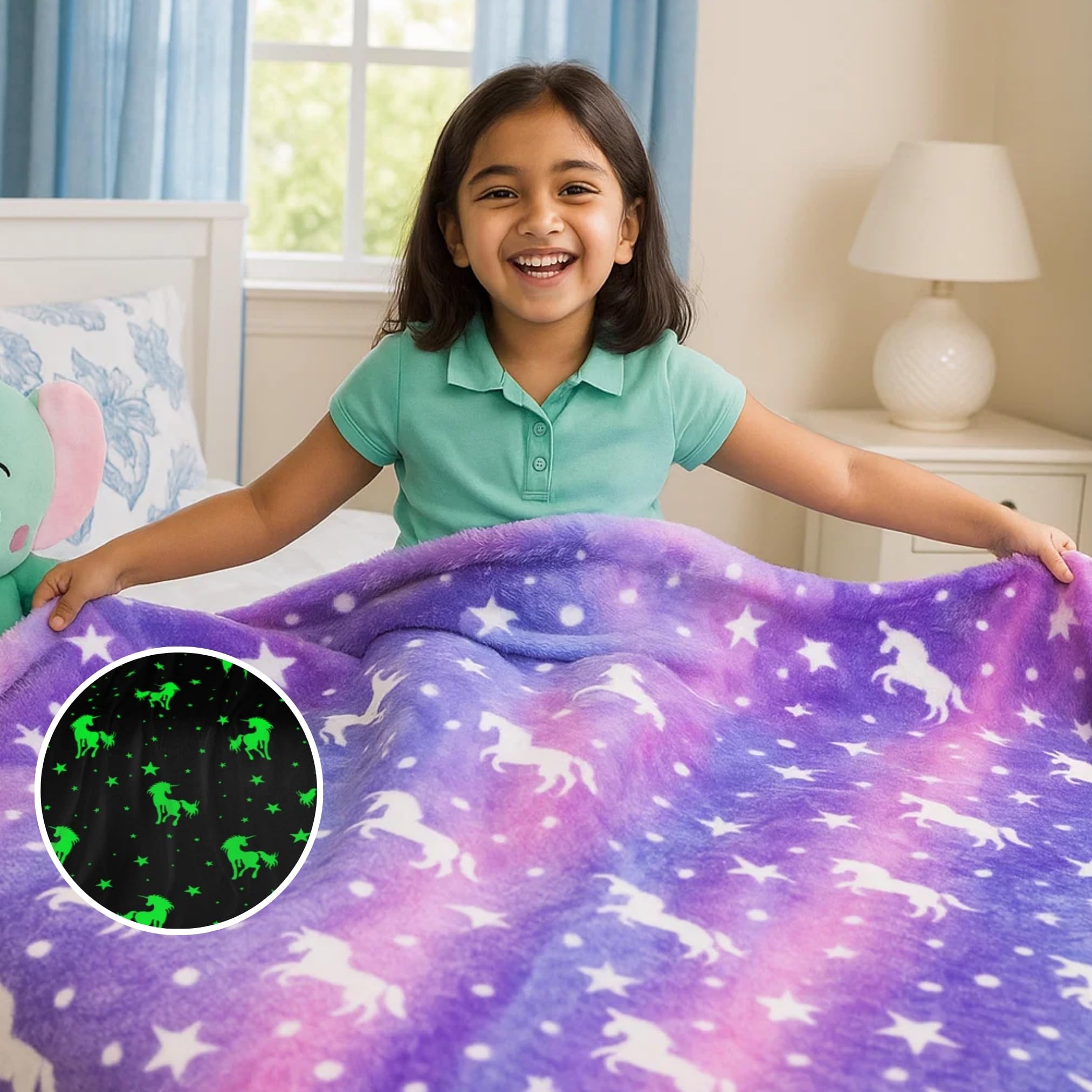 Famyo® Glow Blanket for Kids –Unicorn | Kids Blanket 0–15 Yrs | 200×152 cm Double Bed Blanket | Soft Flannel Blankets for Winter | Lab-Tested & Safe, (Purple)