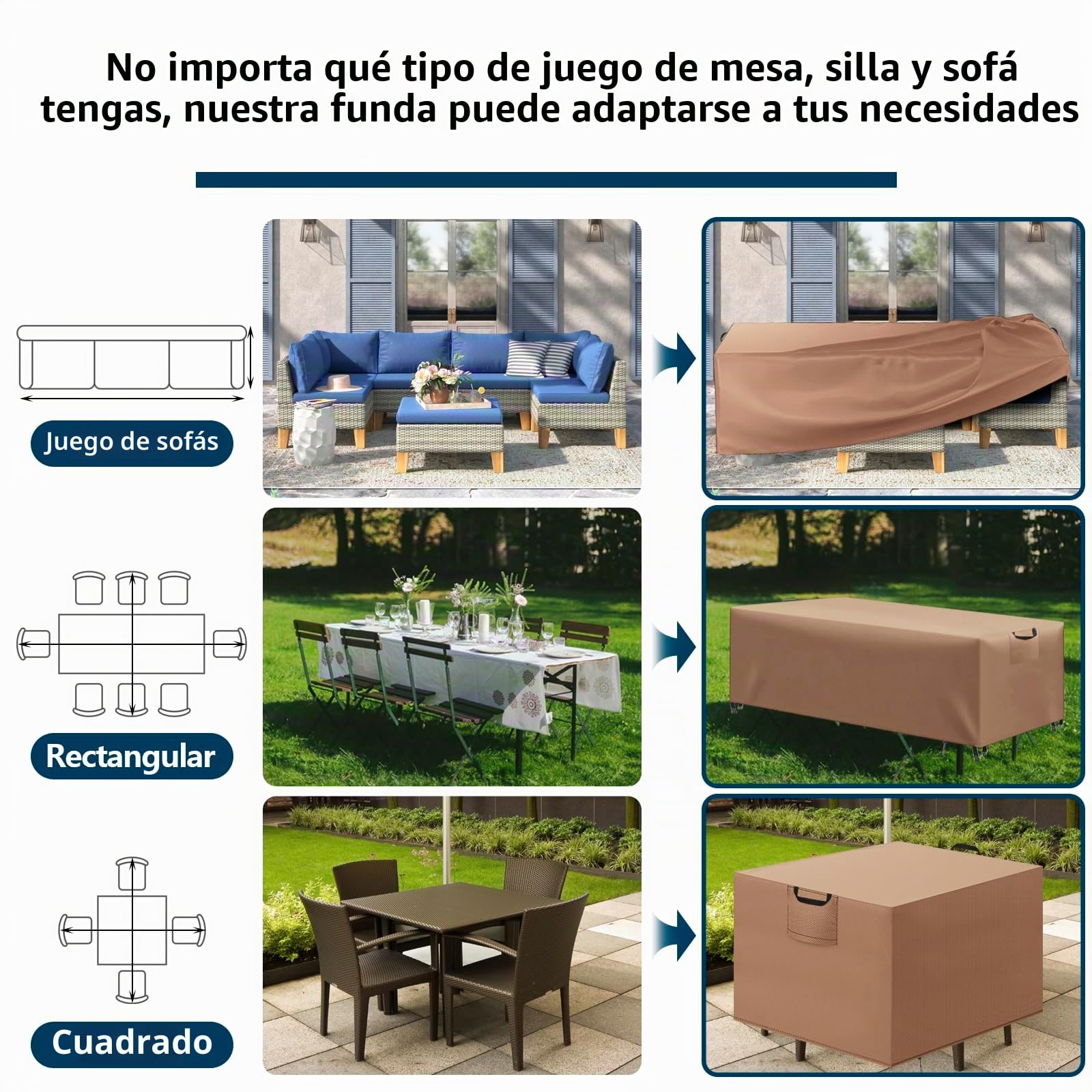 Funda Mesa Exterior Impermeable, Funda para Muebles de Jardín, Cubierta para Muebles de Jardin Tela Oxford 420D Anti Viento Anti UV Funda Protectora Mesa Exterior, Caqui,180x120x74cm