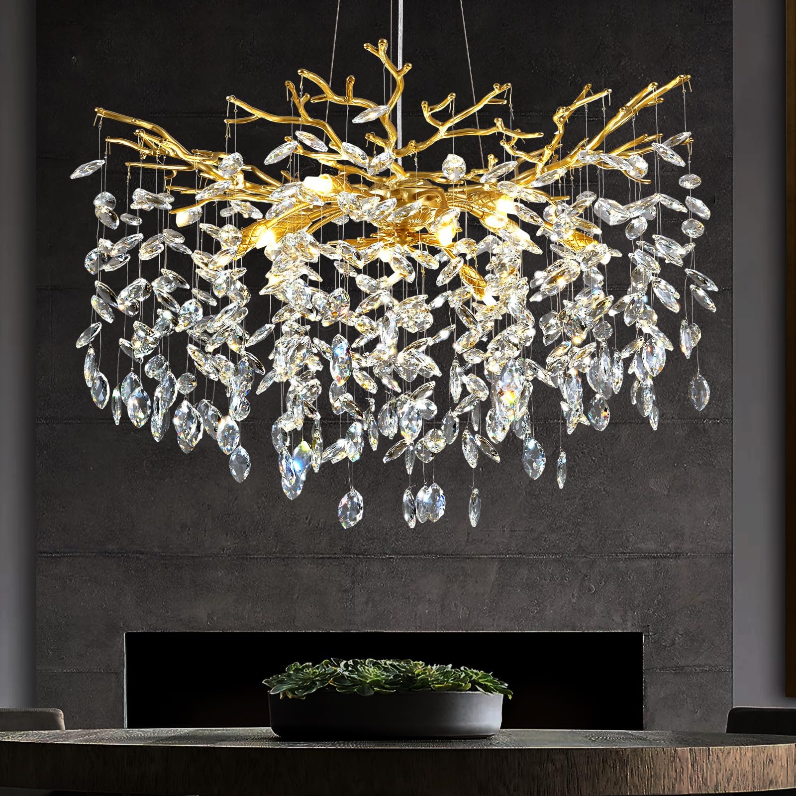 Dorada LáMpara De ArañA Colgante De Cristal,Forma De La Rama Moderna Chandelier Aluminio Para Dormitorio,10 G9 Luces Lampara Colgante Para Mesa De Comedor Cocina Sala De Estar,D60Cm | Lujosa lámpara colgante para comedor lámpara colgante cristal salón com