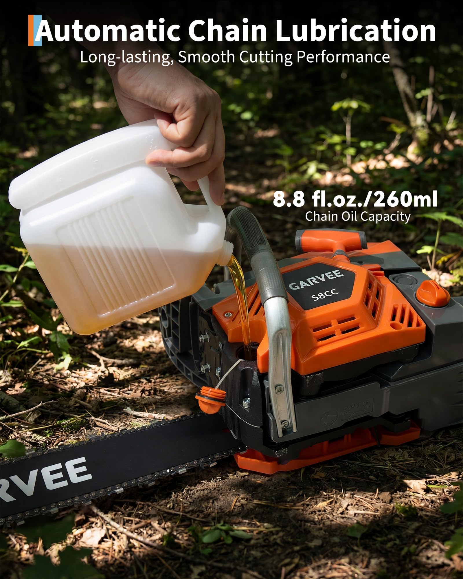 Garvee Motosierra de Gasolina 58cc, Motor de 2 Tiempos, Espada de 50 cm, Sistema de Arranque Rápido, Freno de Seguridad y Antivibración, Ideal para Tala de Árboles y Corte de Leña, Modelo 5800 Naranja
