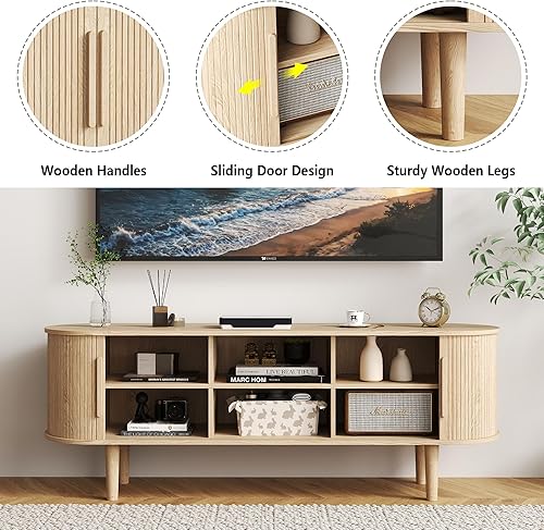 Miniatura 49 de Soporte de TV, mesa consola multimedia con puerta corredera y compartimento de almacenamiento, centro de entretenimiento moderno con almacenamiento