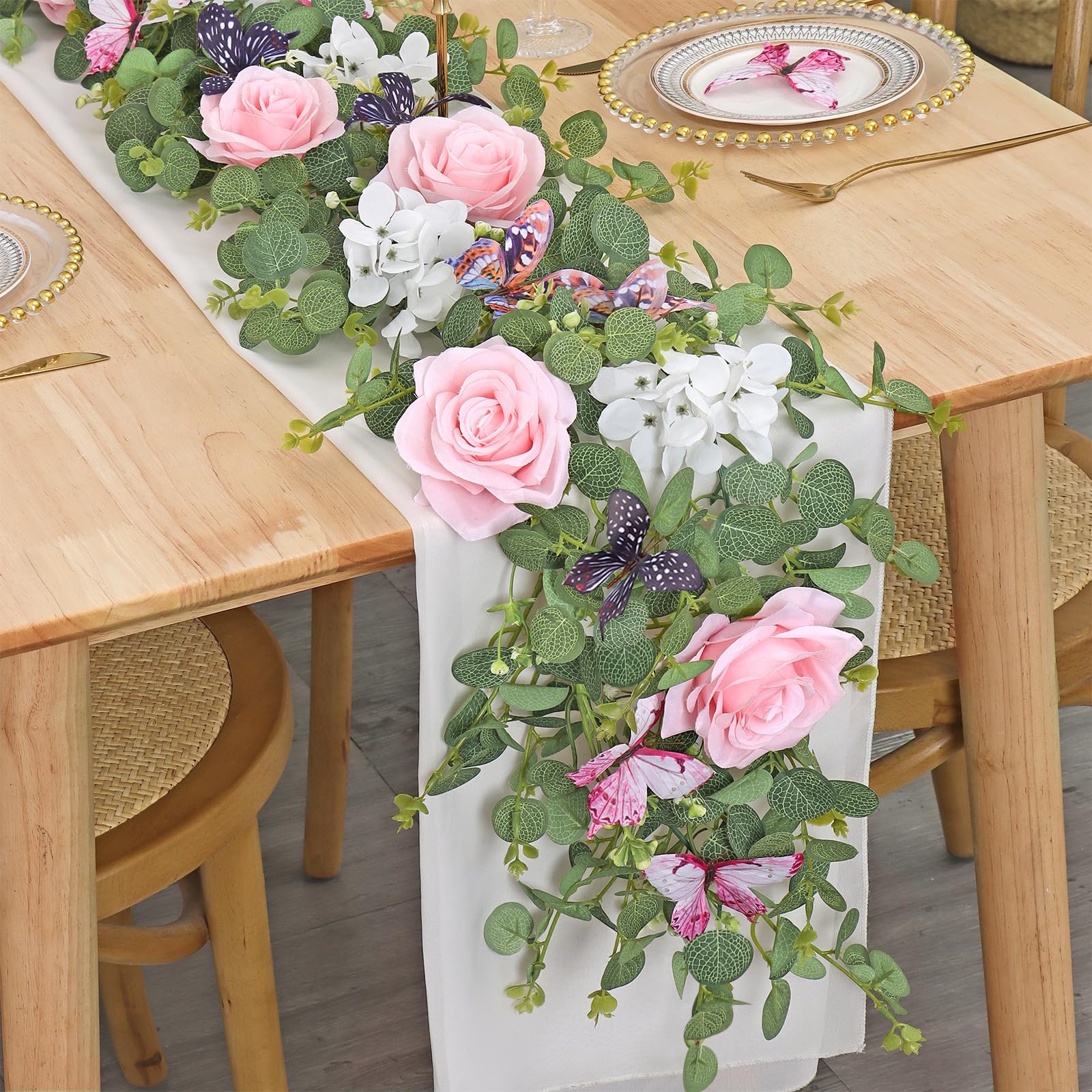 Künstliche Blumengirlande, Hortensien, Reben mit Schmetterlingen, hängende Blumen, grüne Eukalyptus-Girlande für Hochzeit, Zuhause, Party, Zimmer, Tischhintergrund, Dekoration, Rosa, 2 Stück