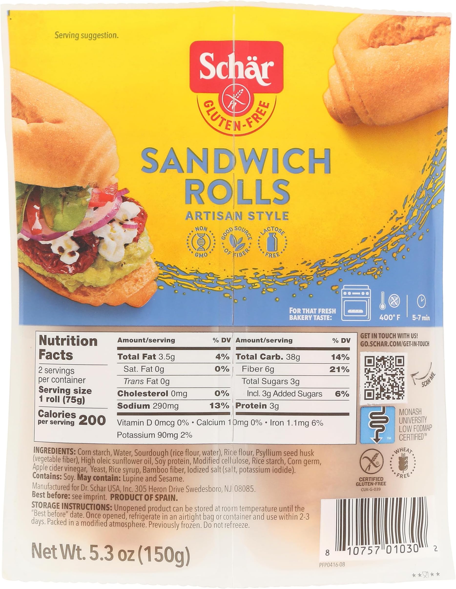 Schar Gluten Free Sandwich Rolls, 5.3-Ounce
