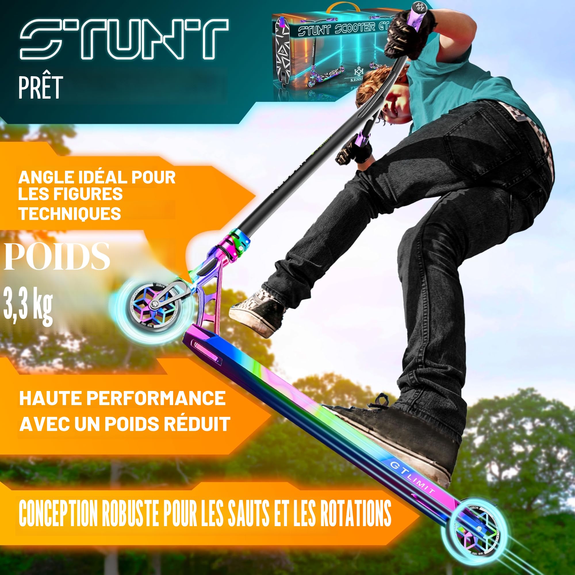 KESSER® Trougetinette de Freestyle GT-Limit 360Ḟ Direction trougetinette Funscooter Trougetinette de Freestyle avec béquille ABEC 9 roulements à Billes, Roues en PU 110 mm,