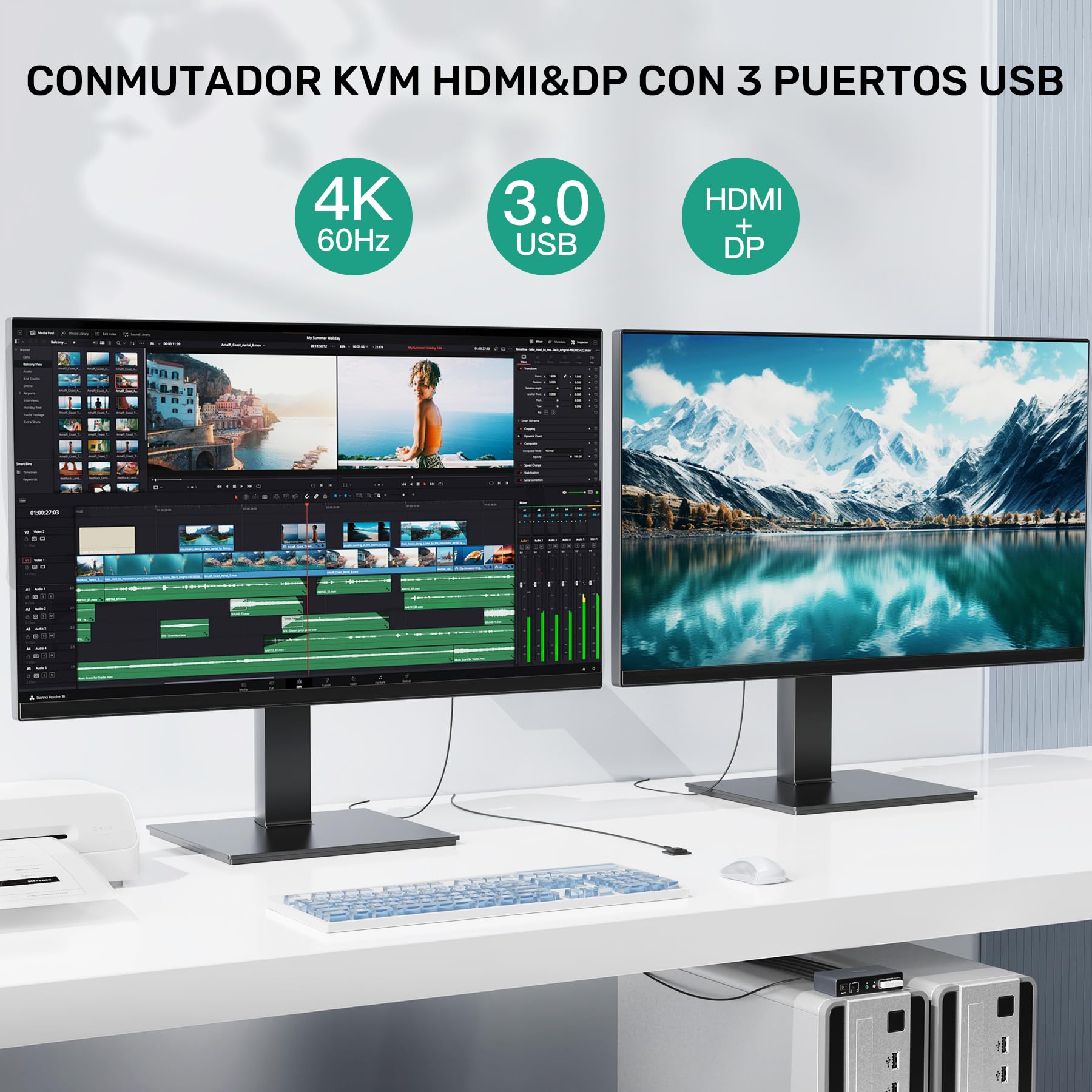 SUIDEK HDMI Displayport KVM Switch, 2 Computadoras 2 Monitores 4K@60Hz KVM Switcher Monitor Dual para 2 PC, 3 Puertos USB 3.0 Soporta Modo Extendido/Espejo con Controlador de Escritorio y 2 Cables USB