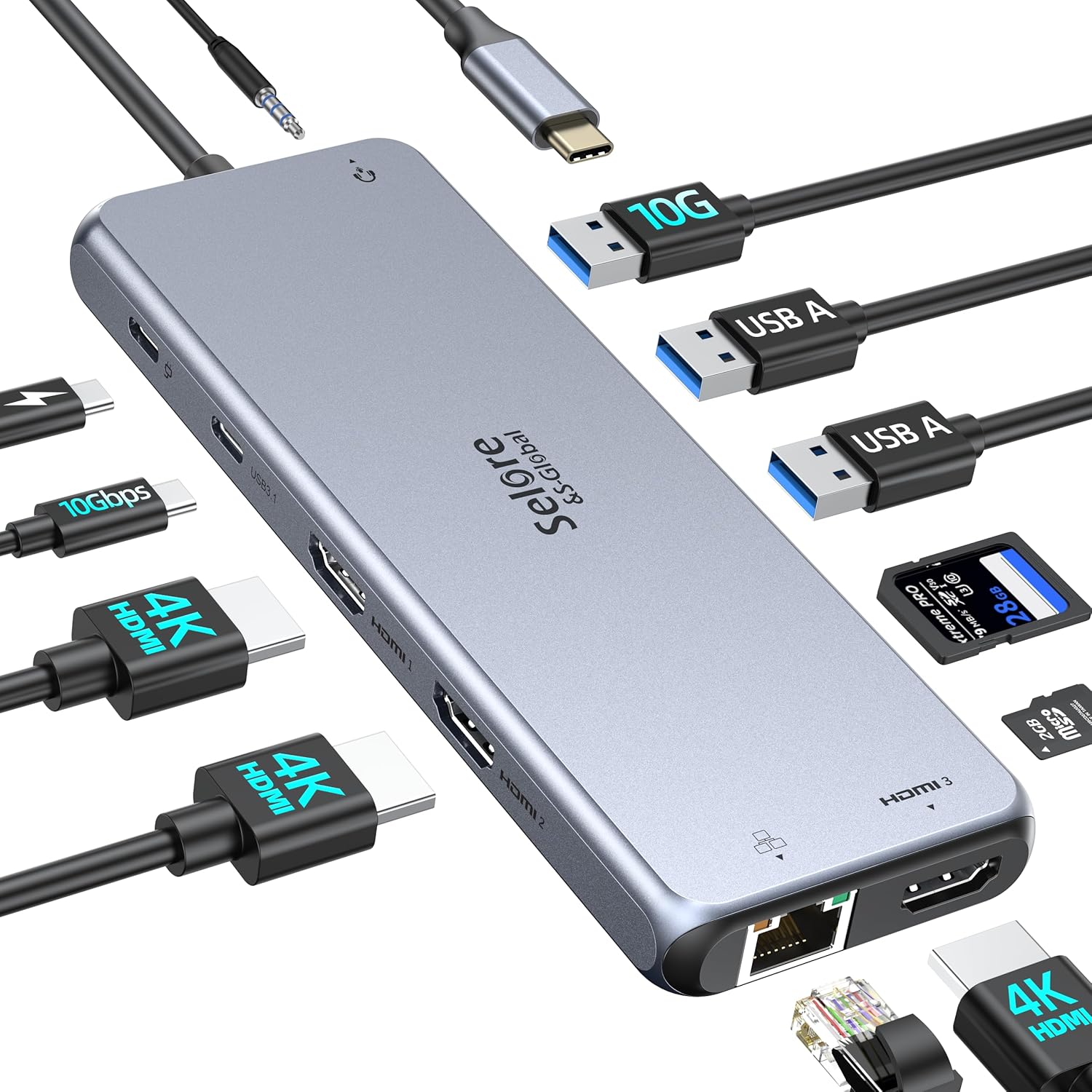 3 محطة إرساء HDMI Selore Docking Station 3 شاشات 12 في 1 محطة إرساء USB C كمبيوتر محمول ثلاثي HDMI Hub محول متعدد مع 10 جيجابت في الثانية USB 3.1 AC Ethernet PD 100W SDTF Audio لـ DellHPLenovo