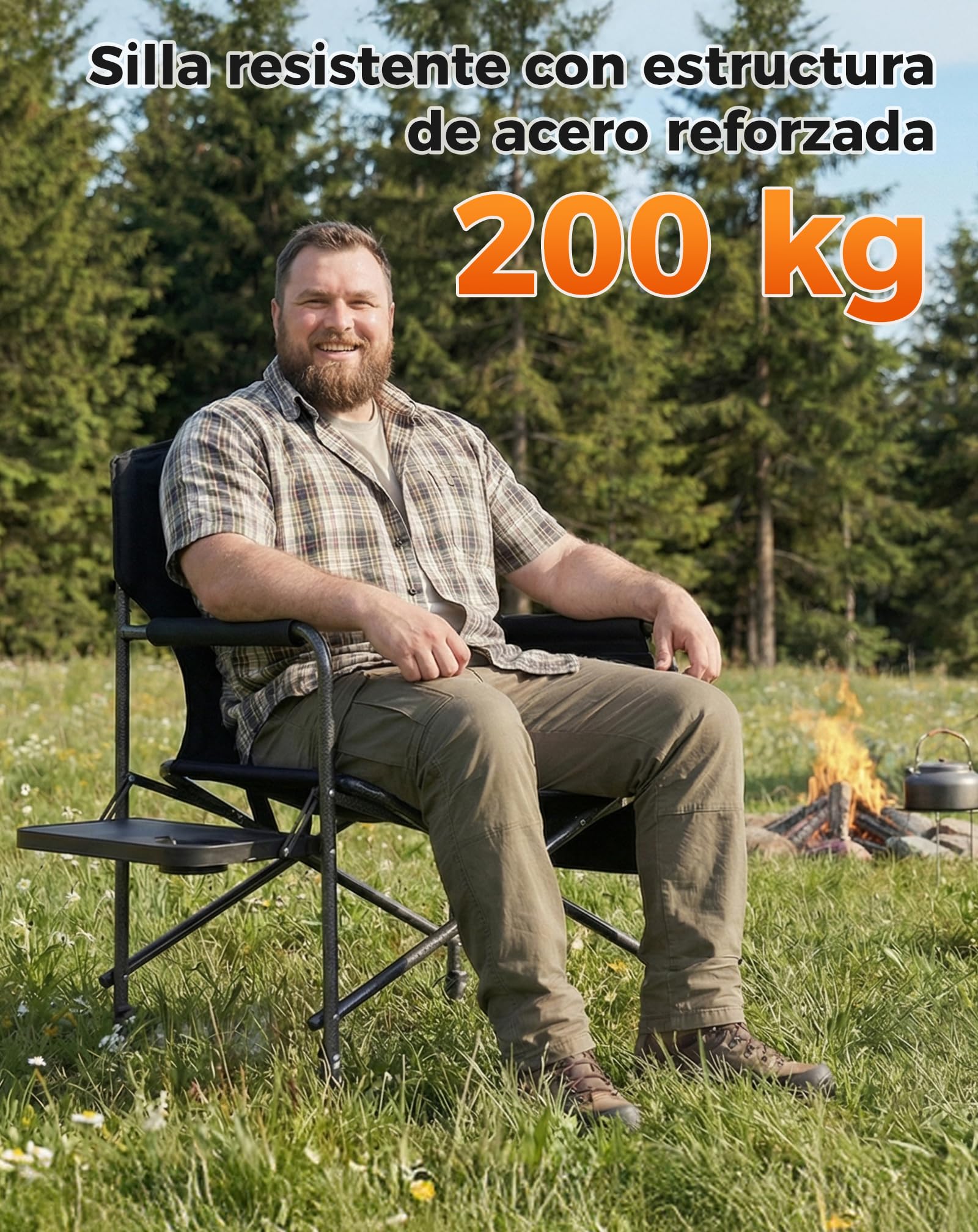 KingCamp Silla de Director Camping Plegable, hasta 200 kg | Silla de Camping Plegable Acolchada para Adultos, Mesa Lateral y Bolsillos Laterales, Silla Portátil de Pesca Camping Jardín
