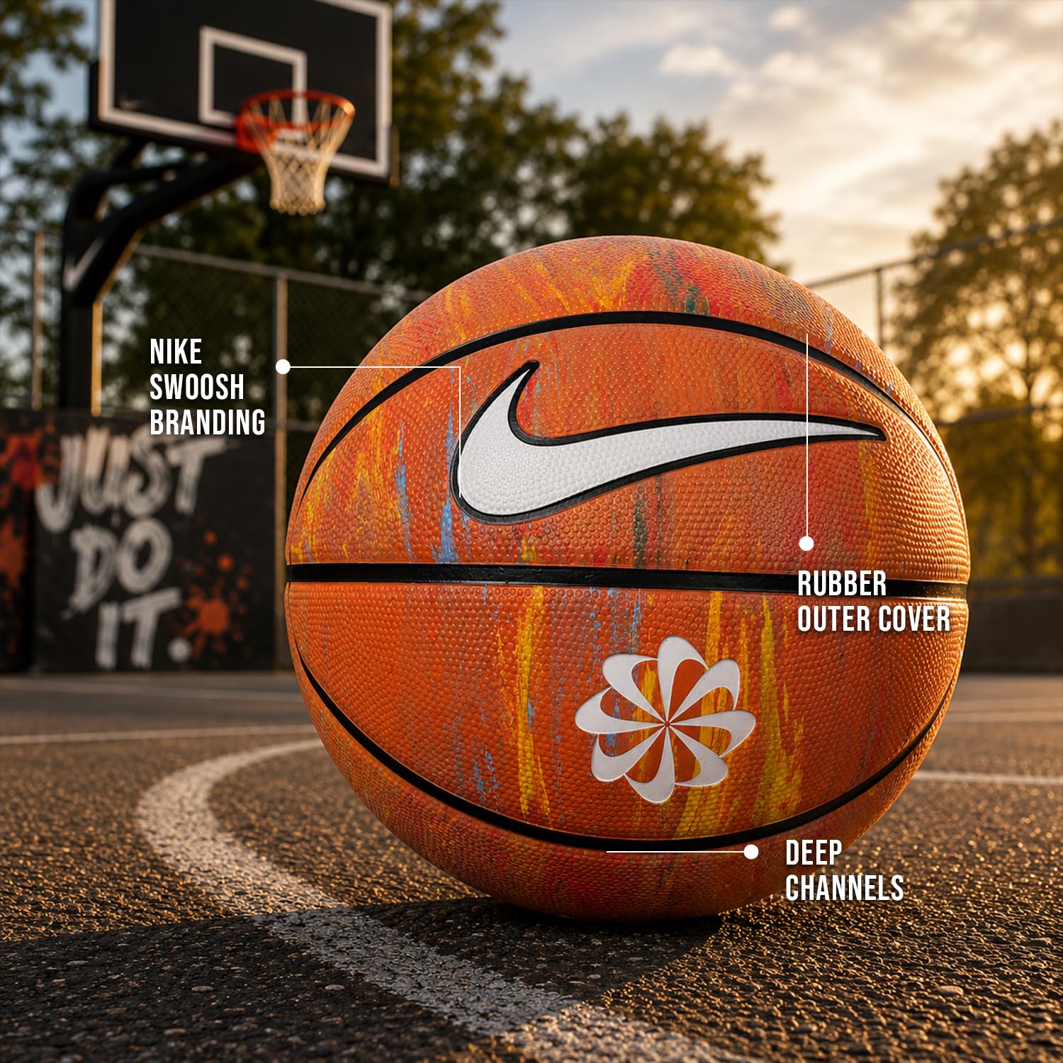Nike Everyday Playground 8P Next Nature Deflated Rubber Basketball Size 7, Durable Grip Outdoor, Multi/Black/Black/White 3