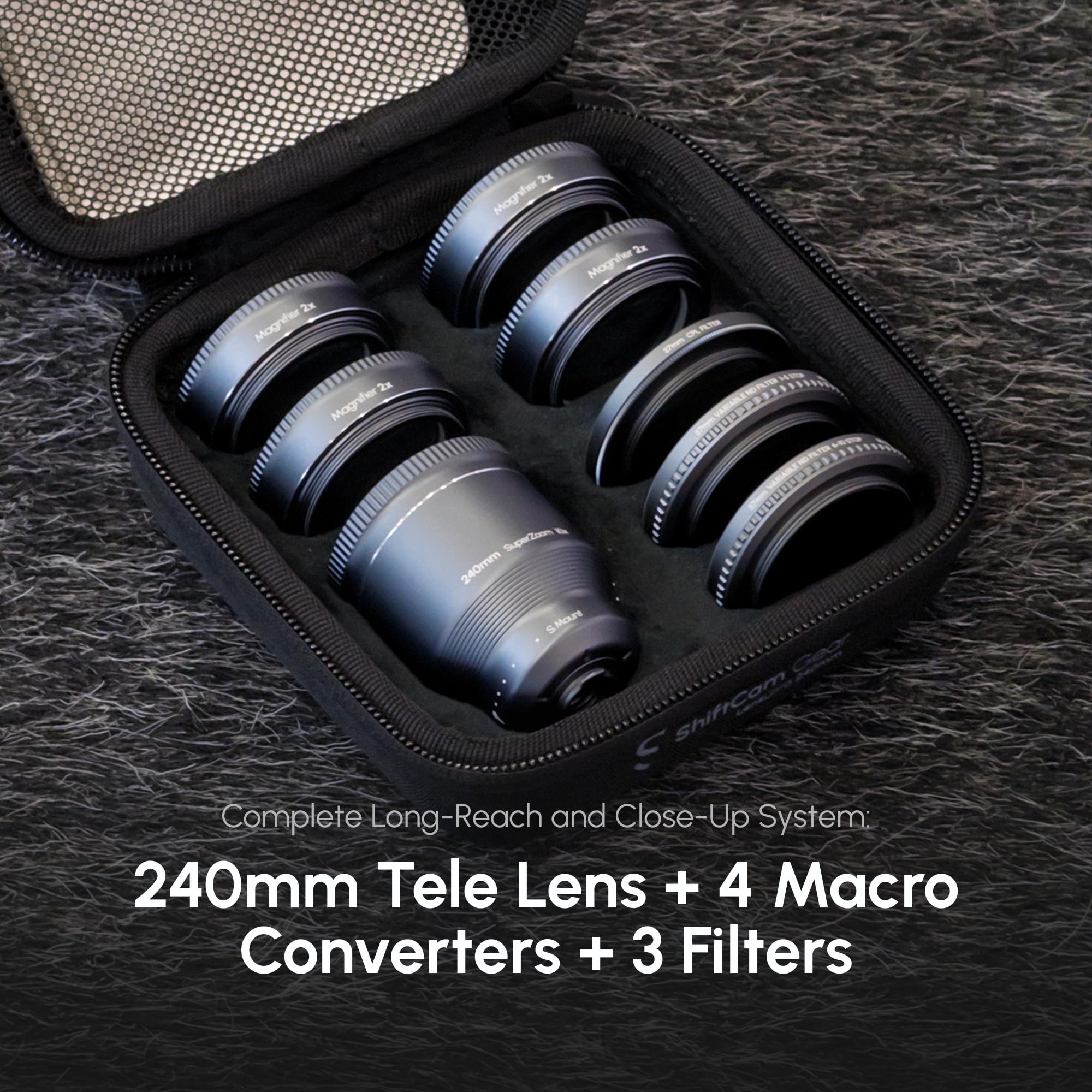 ShiftCam LensUltra 240 mm Super Zoom Teleobjektiv-Set für iPhone & Android – 240 mm Teleobjektiv + 4 Makrokonverter + 3 Filter – Komplette Weitreichweite + Nahaufnahmen für Distanz- und
