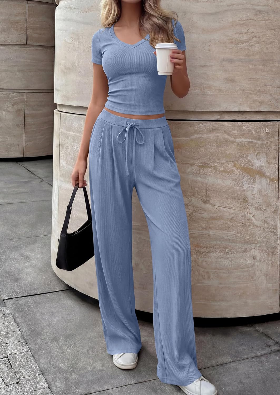 PRETTYGARDEN 2 Piece Sets for Women Summer 2026 Spring Lounge Set Matching V Neck Tops Wide Leg Pants Airport Travel Outfits - Image 3