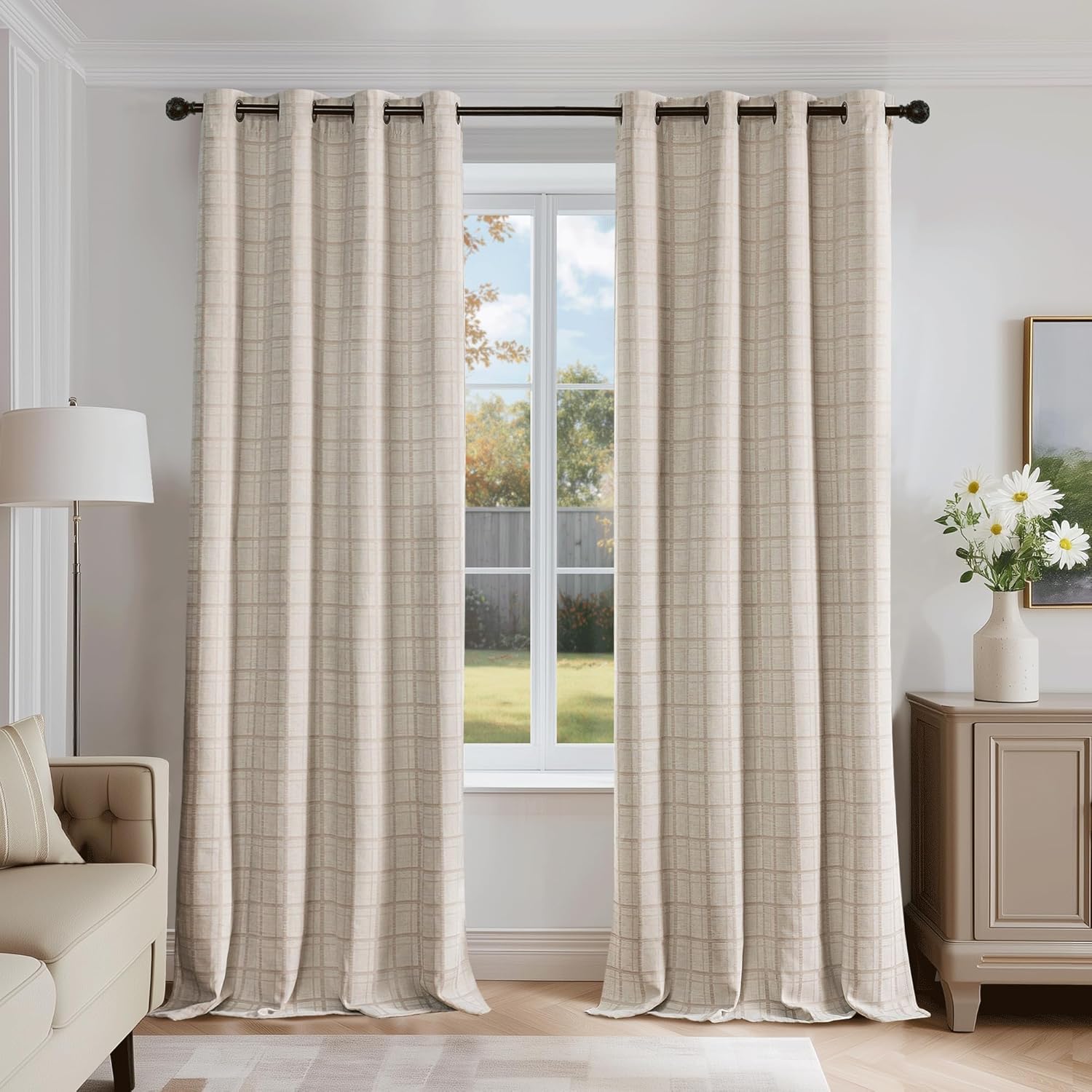 Beauoop Beige Plaid Jacquard Blackout Curtains 96 Inches Long 2 Panels for Bedroom Living Room Gingham Checkered Room Darkening Thermal Insulated Soundproof Grommet Window Drapes, 52x96 2 Set