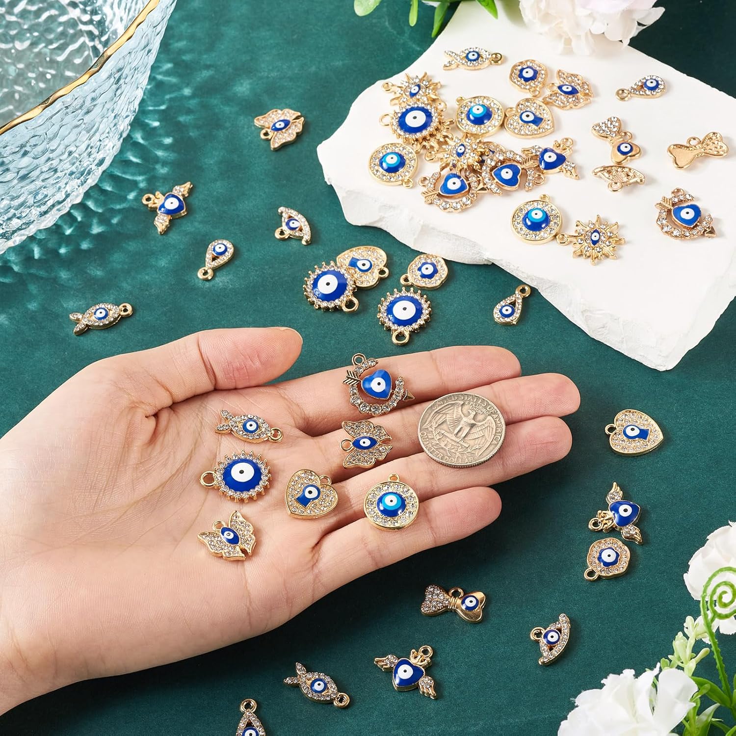 Cheriswelry 48Pcs Rhinestone Enamel Charms Evil Eye Gold Plated Alloy Pendants Flat Round Heart Butterfly Teardrop Metal Charm 10-20mm for Bracelet Necklace Earring Jewelry Making - Image 6