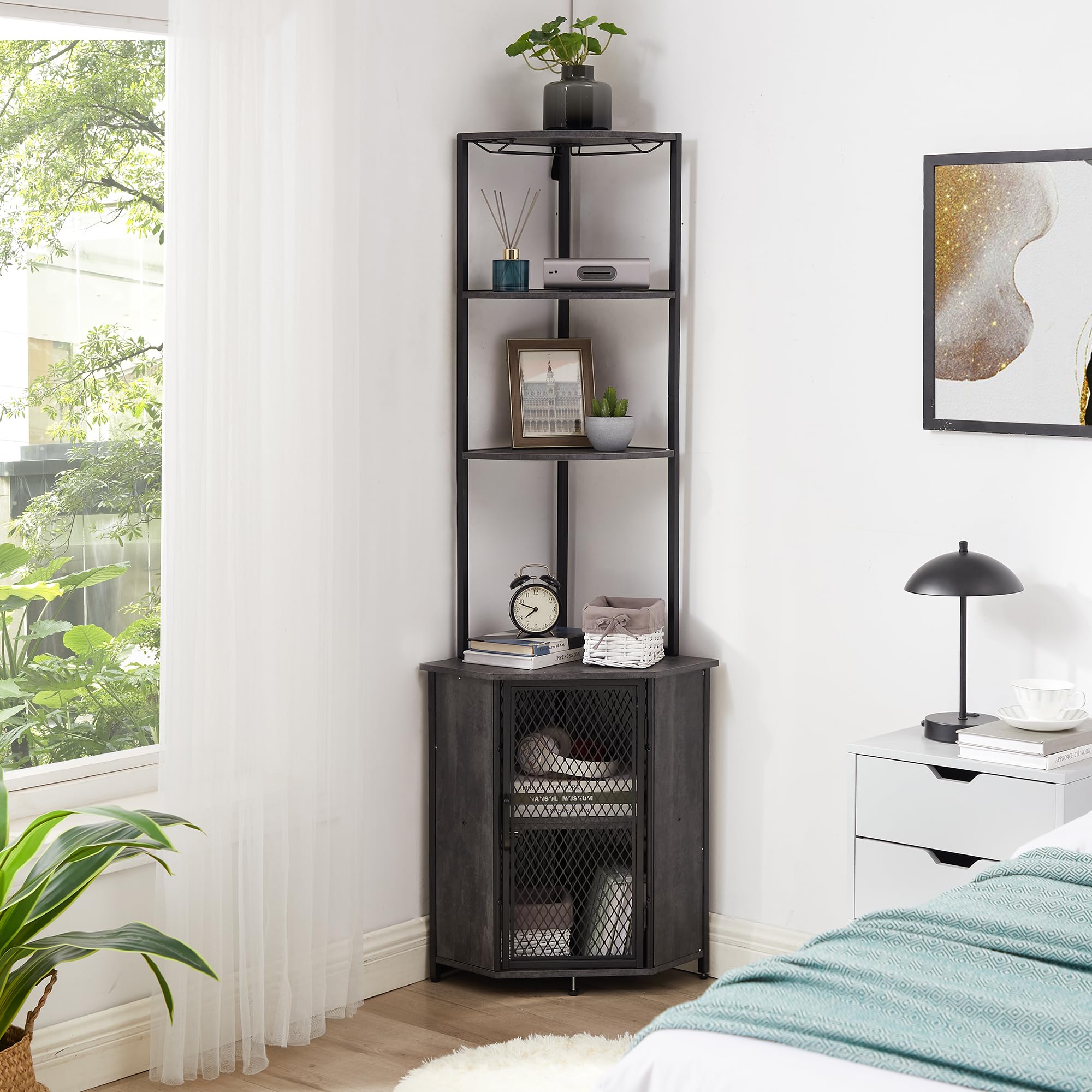 VECELO Corner Cabinet, Tall Storage Shelf, Bookshelf Display Shelves Rack for Living Room, Kitchen, Balcony, Small Space