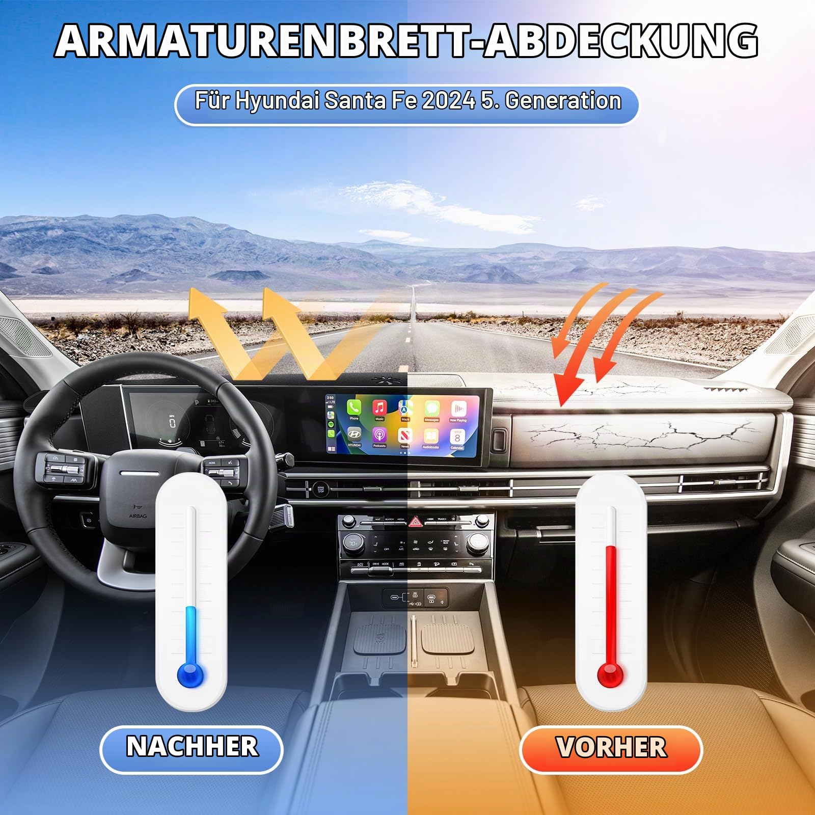 Sunsdrew Armaturenbrett-Abdeckung für Hyundai Santa Fe MX5 2024 2025 2026 Armaturenbrett-Abdeckung Matte für Santa Fe Zubehör, Sonnenschutz, Rutschfester Netzschutz, Keine Blendung (mit HUD)