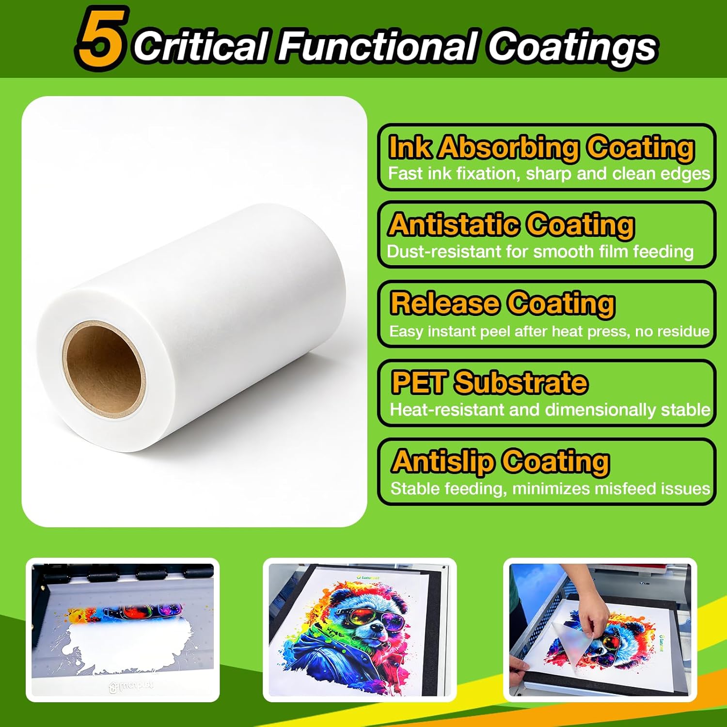 DTF Transfer Film Roll 13 Inch x 164 FT, Premium Double-Side Matte Clear Pretreat Sheets PET Heat Transfer Paper for DIY Direct Print on All Fabric and T-Shirts Textile