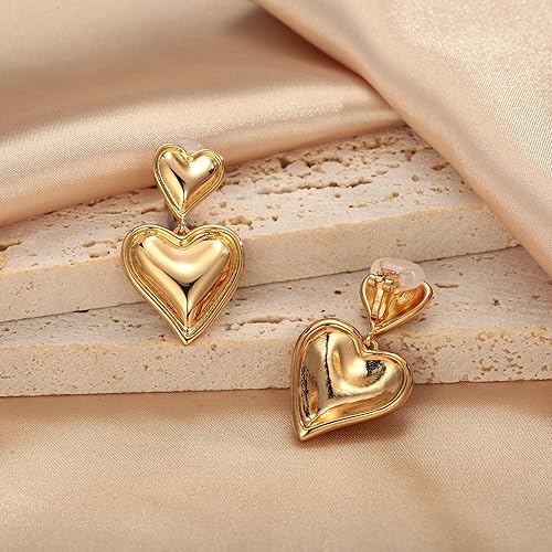 Miniatura 2 de Gold Clip On Earrings For Women Matte Gold Plated Geometric Heart And Pearl Drop Earrings Clip Dangle Earrings
