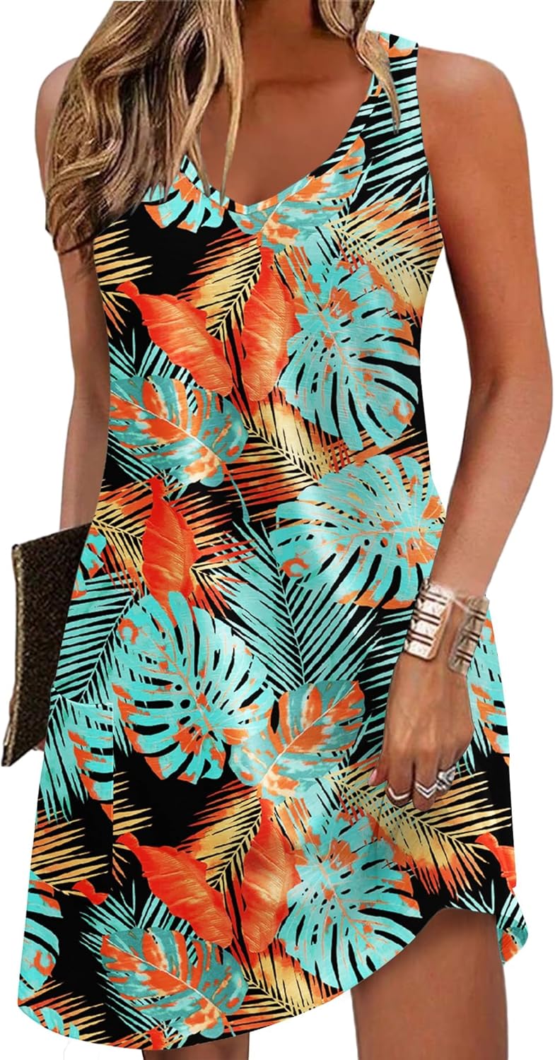 Zeagoo Womens Summer Dress 2026 Loose V Neck Sleeveless Sundresses Swimsuit Coverup with Pockets Floral Tank Dresses