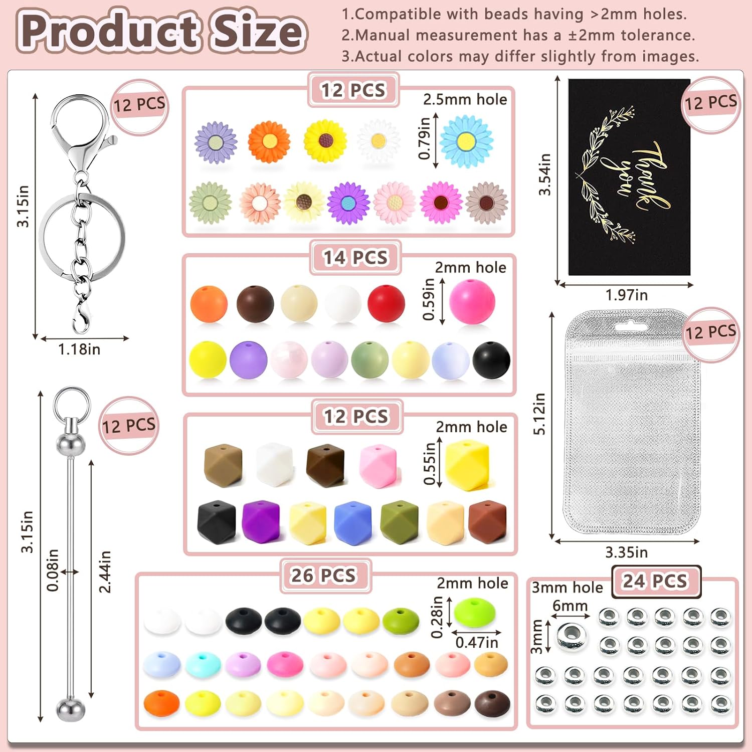 LOIKMIUP 124 Pcs Beadable Keychains Bar Kit - 12 Pcs Beaded Key Chain Bars Bulk with Silicone Beads, Spacer Beads, Resealable Bags & Thank-You Cards for DIY Beaded Keychain Charms for Woman Man - Image 2