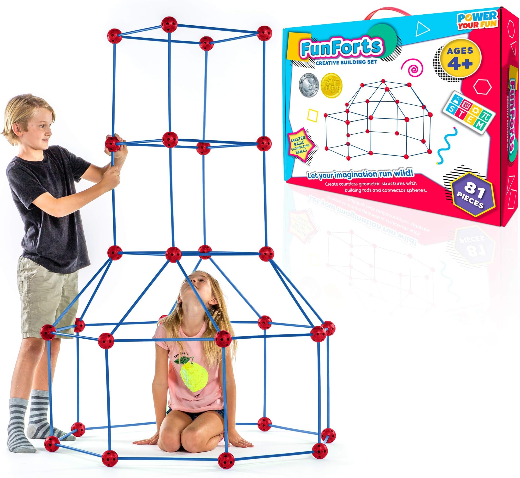 Fun Forts Kids Tent - 81 Pack Fort Building STEM Toys Kit, Construction Toys Play Tent Indoor and Outdoor Playhouse for Kids with 53 Rods and 28 Spheres (Red, Blue)