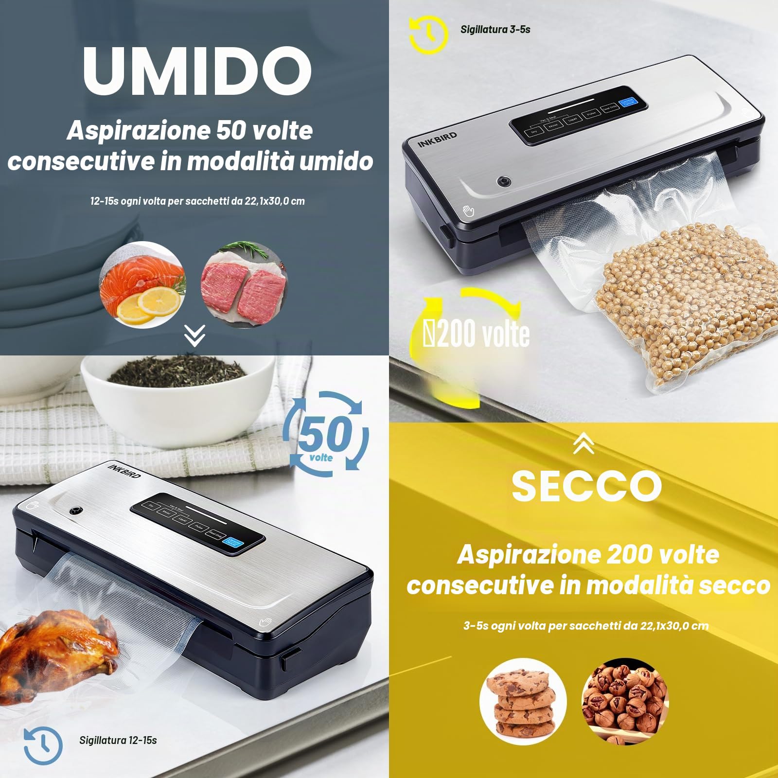 INKBIRD INK-VS02 Macchina Sottovuoto Alimenti 85kPa Efficiente, 5 Modalità | secco/umido/impulsi/sigillato/vuoto esterno, -85 kpa aspirazione, 200 sigillature, anti-surchauffe, silenzioso, taglierina