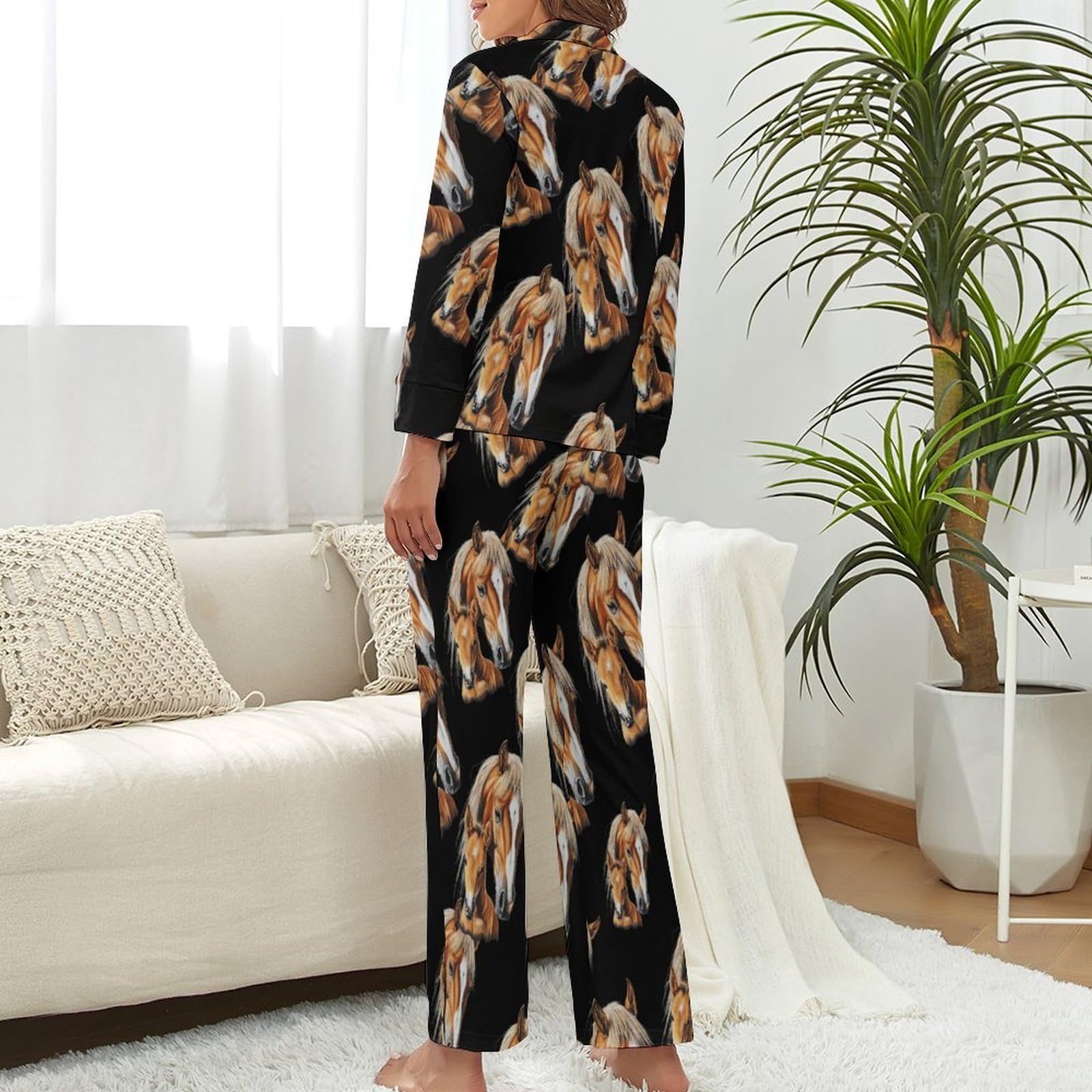 Horse Mama And Little - Conjunto de pijama elegante para mujer, manga larga, botones y pantalones, ropa de descanso