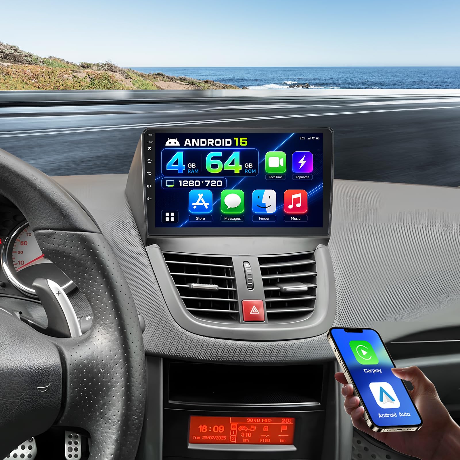 Hikity 4+64G 9" Autoradio Android pour Peugeot 207 2006-2015 | IPS Écran Tactile Wireless Carplay Autoradio 2 DIN GPS Bluetooth 5.0 5G WiFi FM/RDS Caméra de Recul Commandes au Volant 4+64G