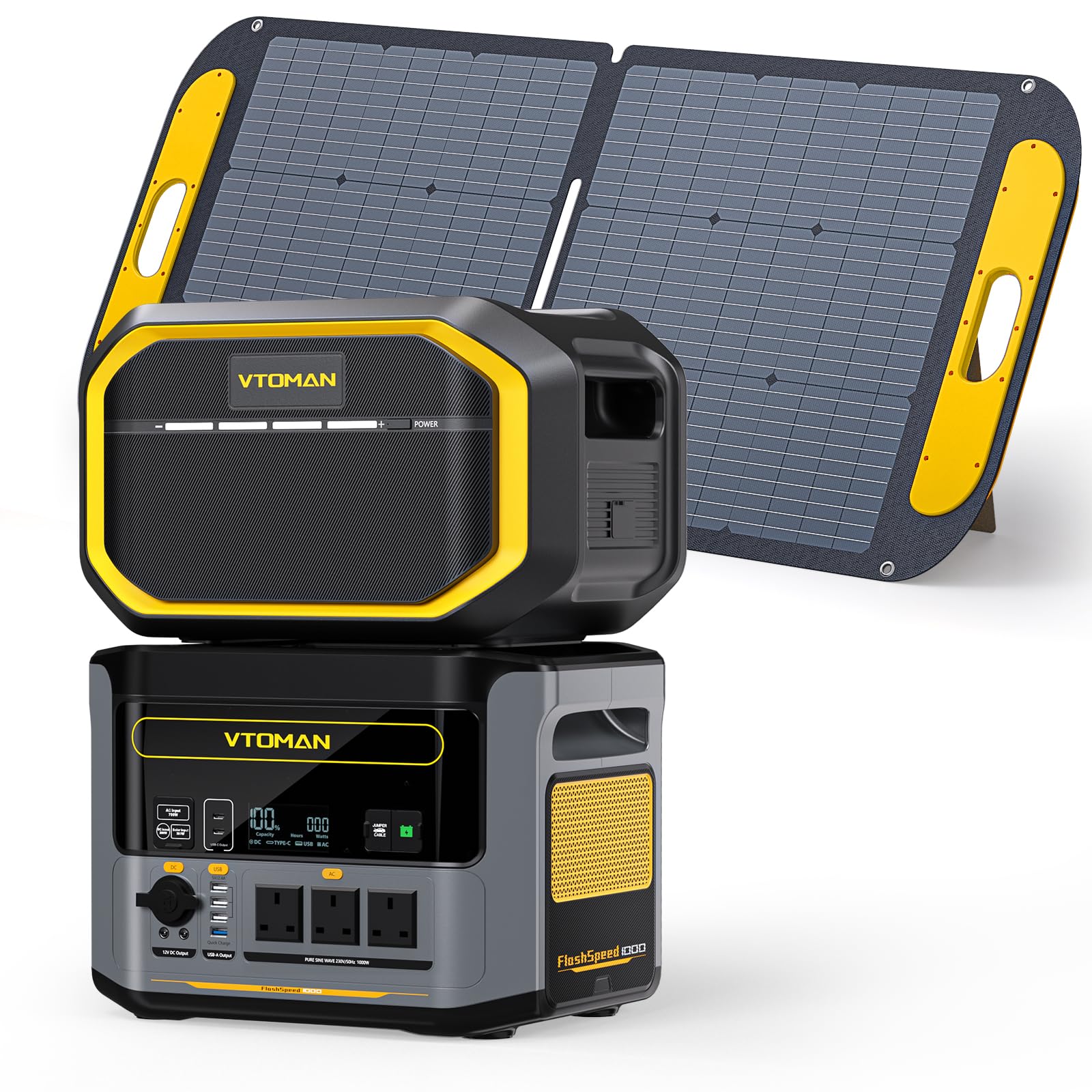 VTOMAN FlashSpeed 1000 Portable Power Station Bundle with Extra Battery & 110W Solar Panel Included - 1000W/2376Wh Solar Generator LiFePO4 Battery Power Station for Camping, RVs, Home Backup