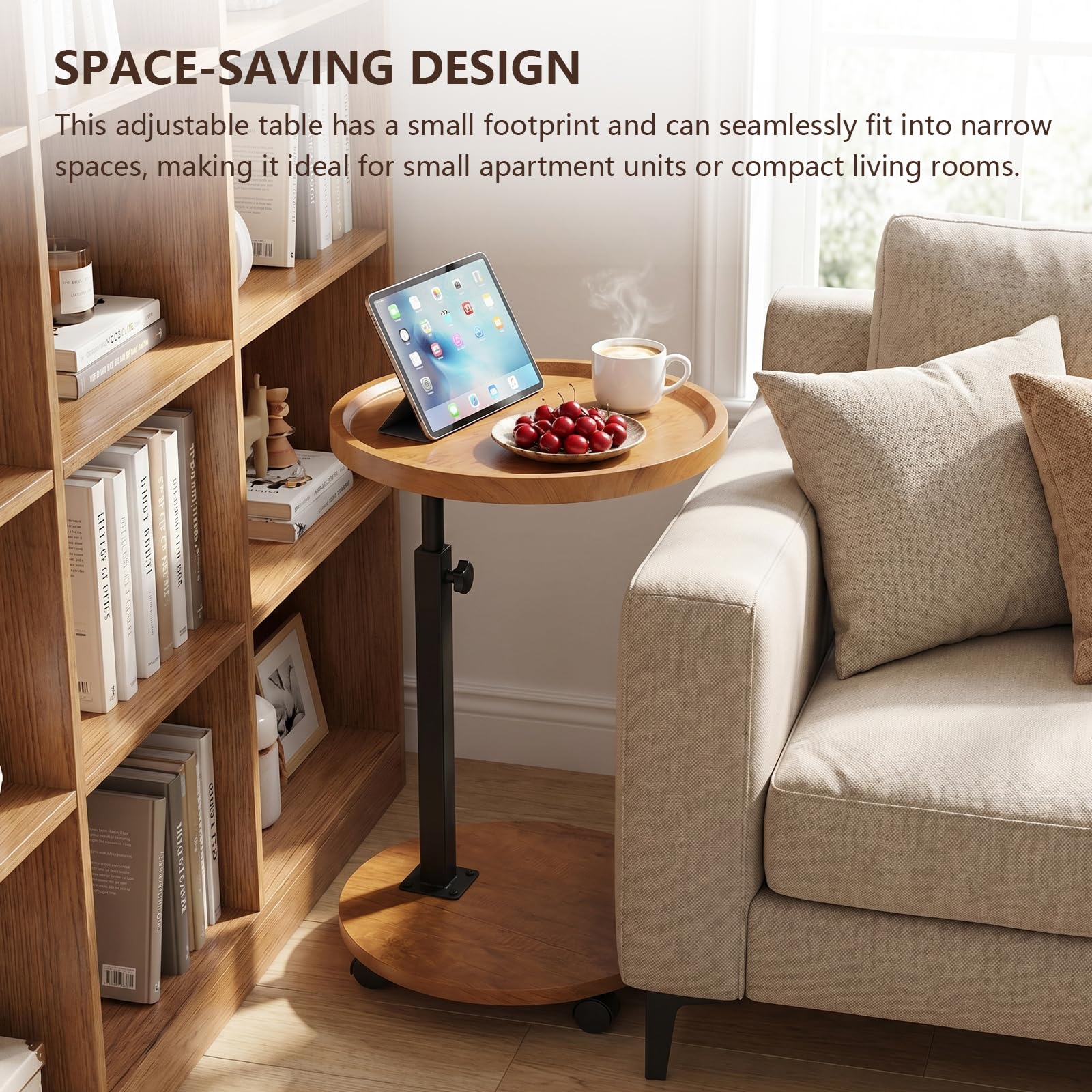 Mesa auxiliar de altura ajustable, mesa auxiliar giratoria de 360° con ruedas para sofá, dormitorio, oficina, sala de estar, mesas de café para espacios pequeños (color madera natural)