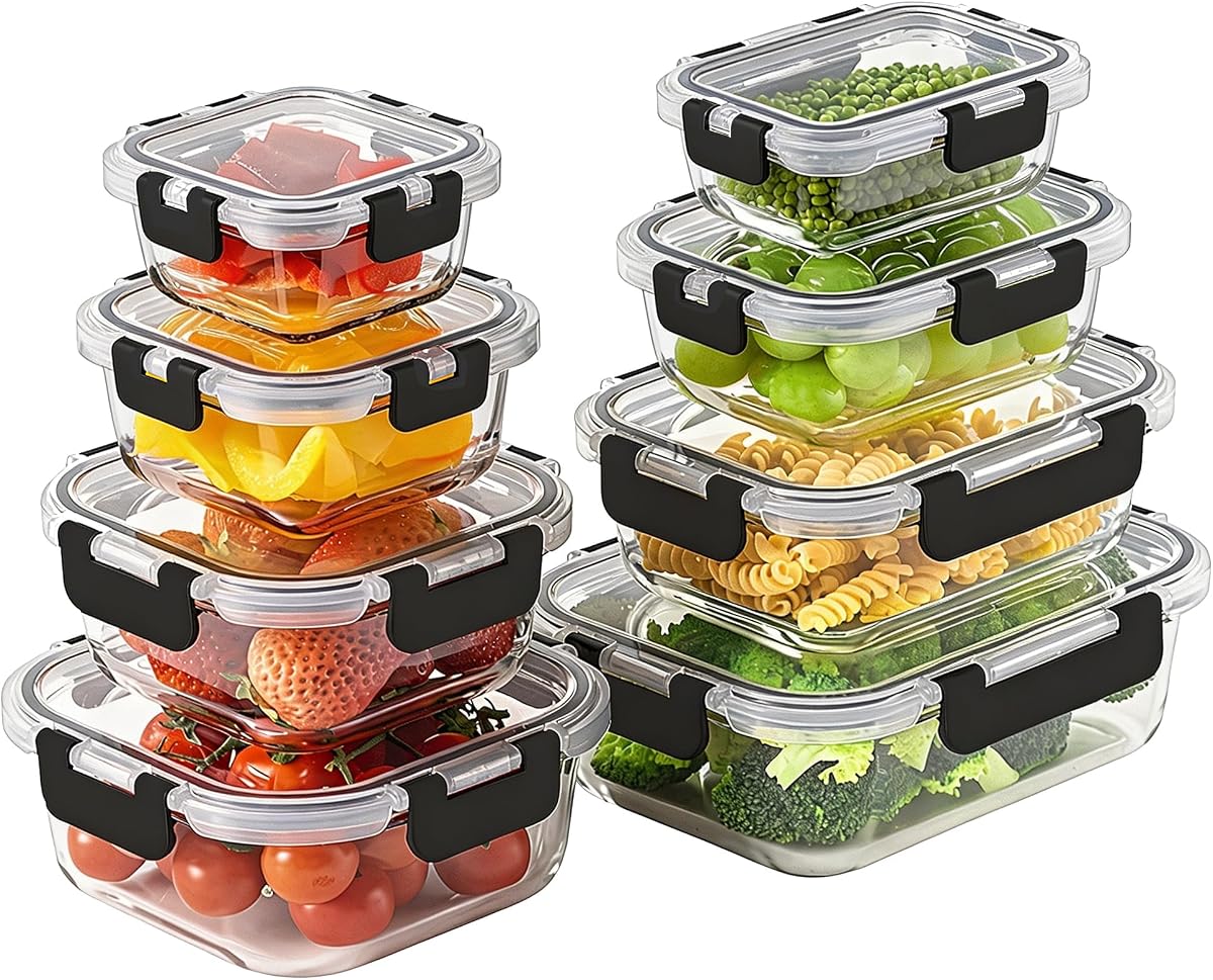 Paquete de 8 recipientes de vidrio de borosilicato para almacenamiento de alimentos con tapas, recipientes de vidrio para preparación de comidas, fiambreras herméticas Bento con cierres a presión, aptos para horno, congelador y lavavajillas, sin BPA, juego de almacenamiento de cocina