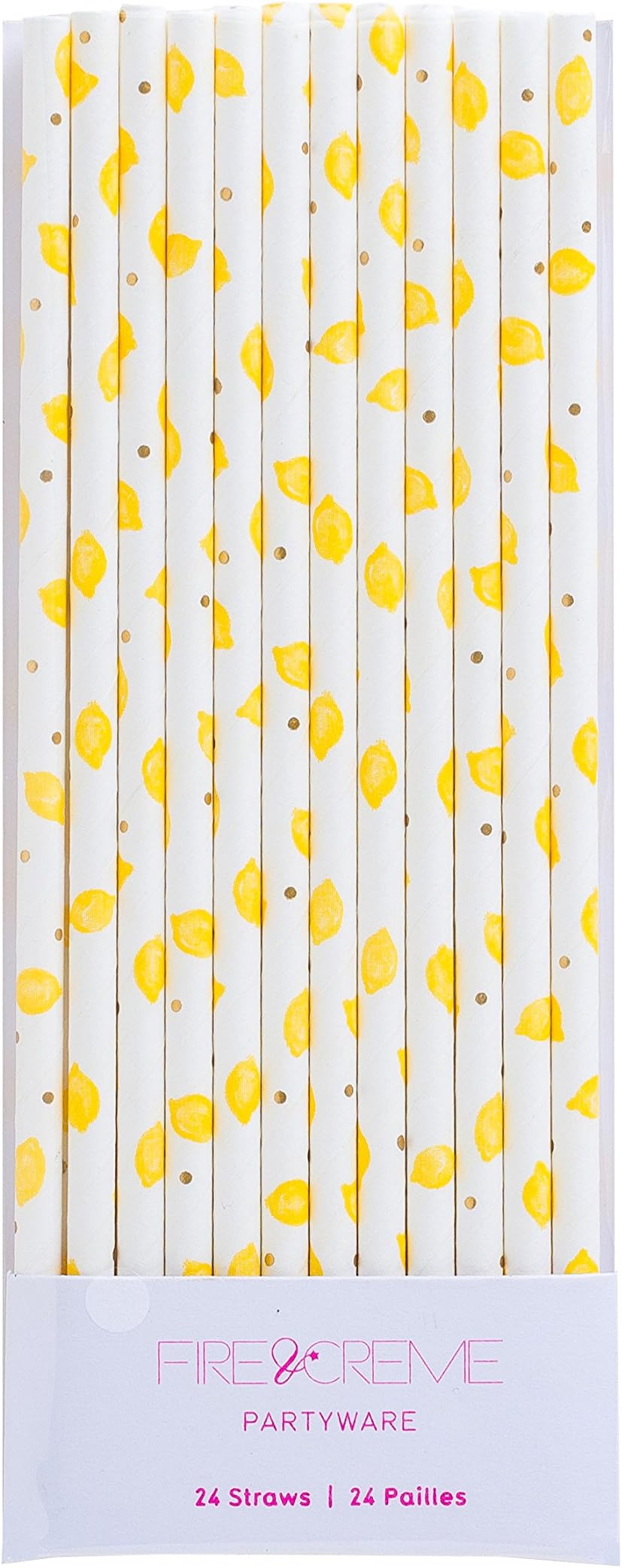 Fire and Creme Let's Party Foiled Paper Straws Gold Dots and Bright Yellow Lemons - Pack of 24