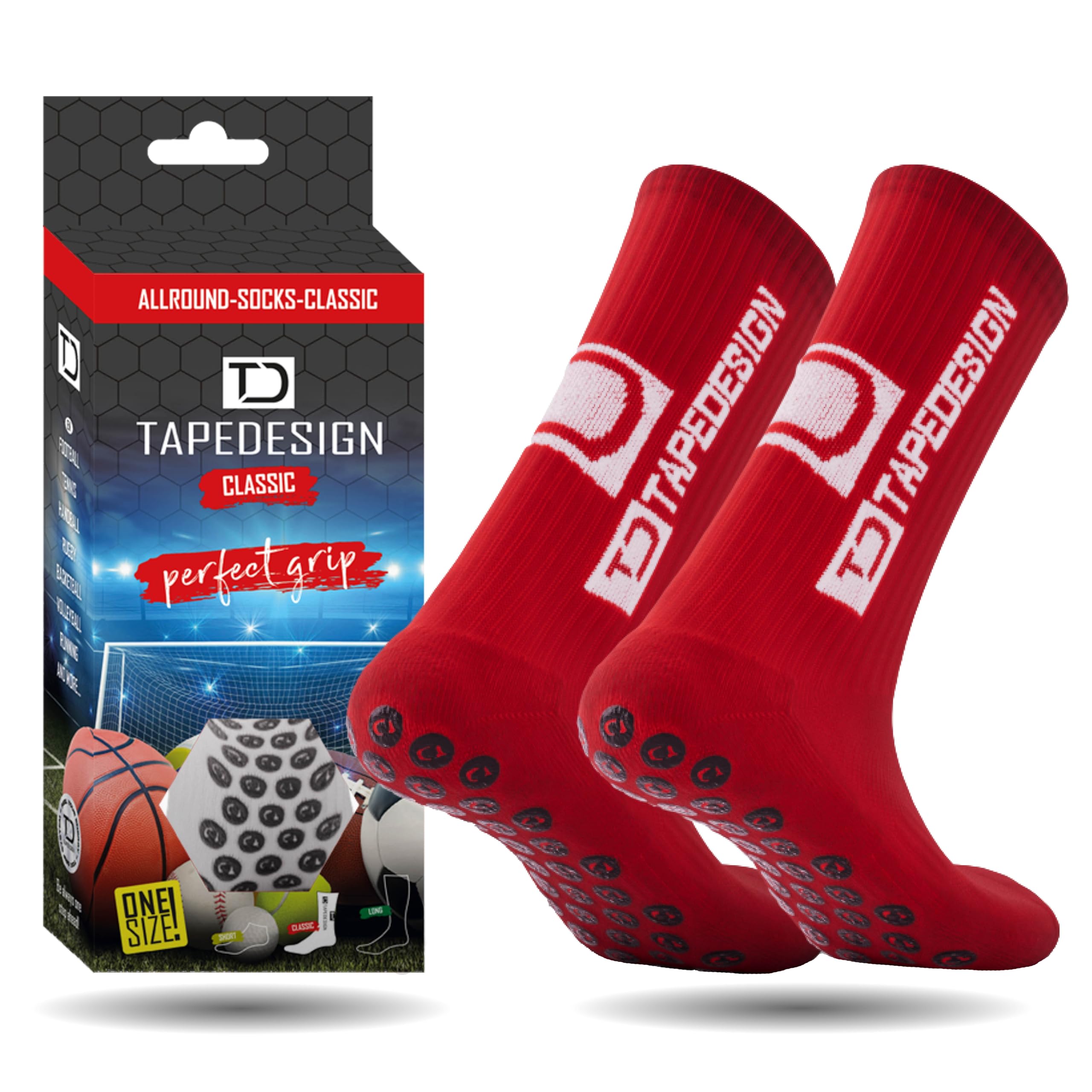 Tapedesign - "Classic 1 Pair Non-Slip Football Grip Socks Red (Size 5-14) for Men, Women & Kids - Soccer Socks for Adults & Youth (Unisex) - Anti-Slip Sport Socks for Basketball, Tennis & Running