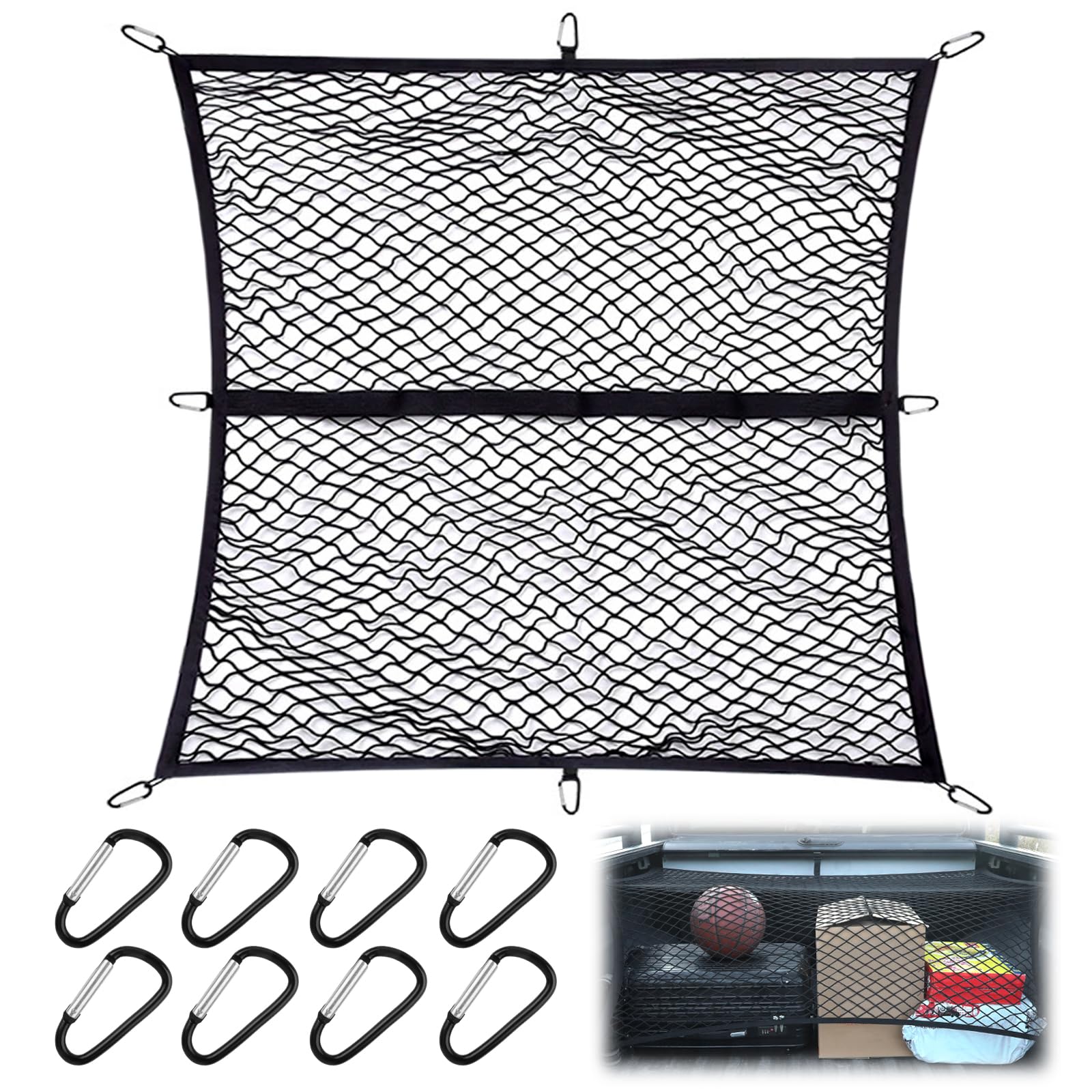 Filet de coffre de 1,2 x 1,2 m extensible jusqu'à 2,1 m x 2,1 m - Filet à bagages hautement élastique - Filet de sécurité pour coffre - Avec 8 mousquetons en acier - Pour la plupart des
