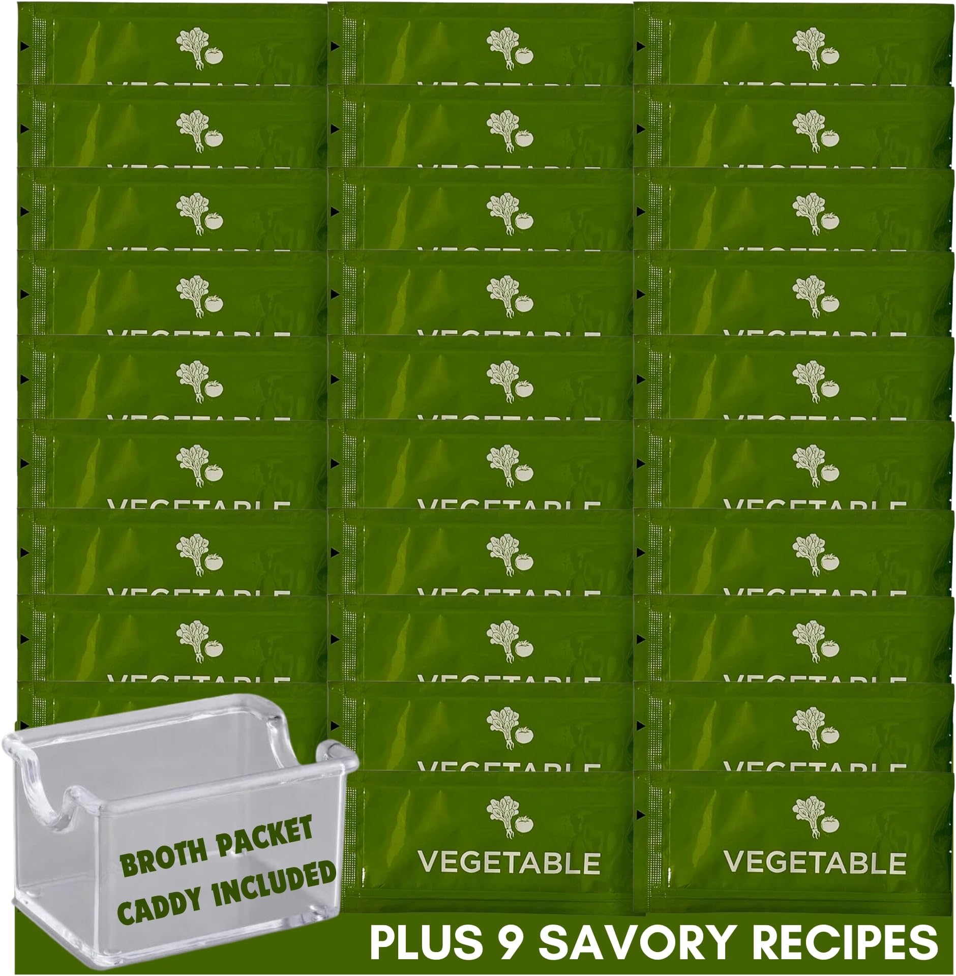 Savory Choice Vegetable Broth Concentrate Reduced Sodium Packets Bundle (30 Pack), Bundled with Veggie Broth Caddy and 9 Soup & Savory Recipes by Foxtail Collective, Convenient, Gluten-Free