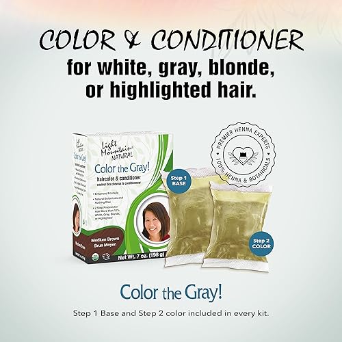 Miniatura 2 de Light Mountain Henna - Tinte y acondicionador para el cabello, color gris – Tinte para el cabello castaño medio para hombres y mujeres, 2 pasos sin