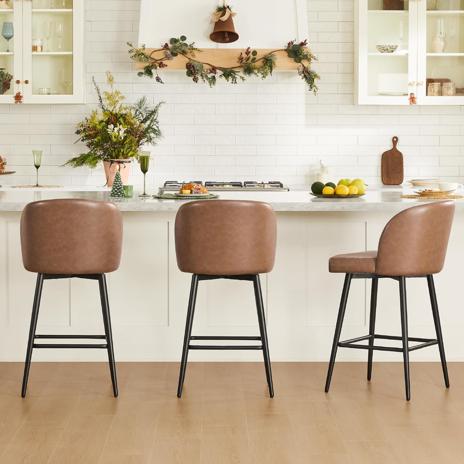 Saddle Brown Faux Leather Swivel Counter Stool with Metal Legs