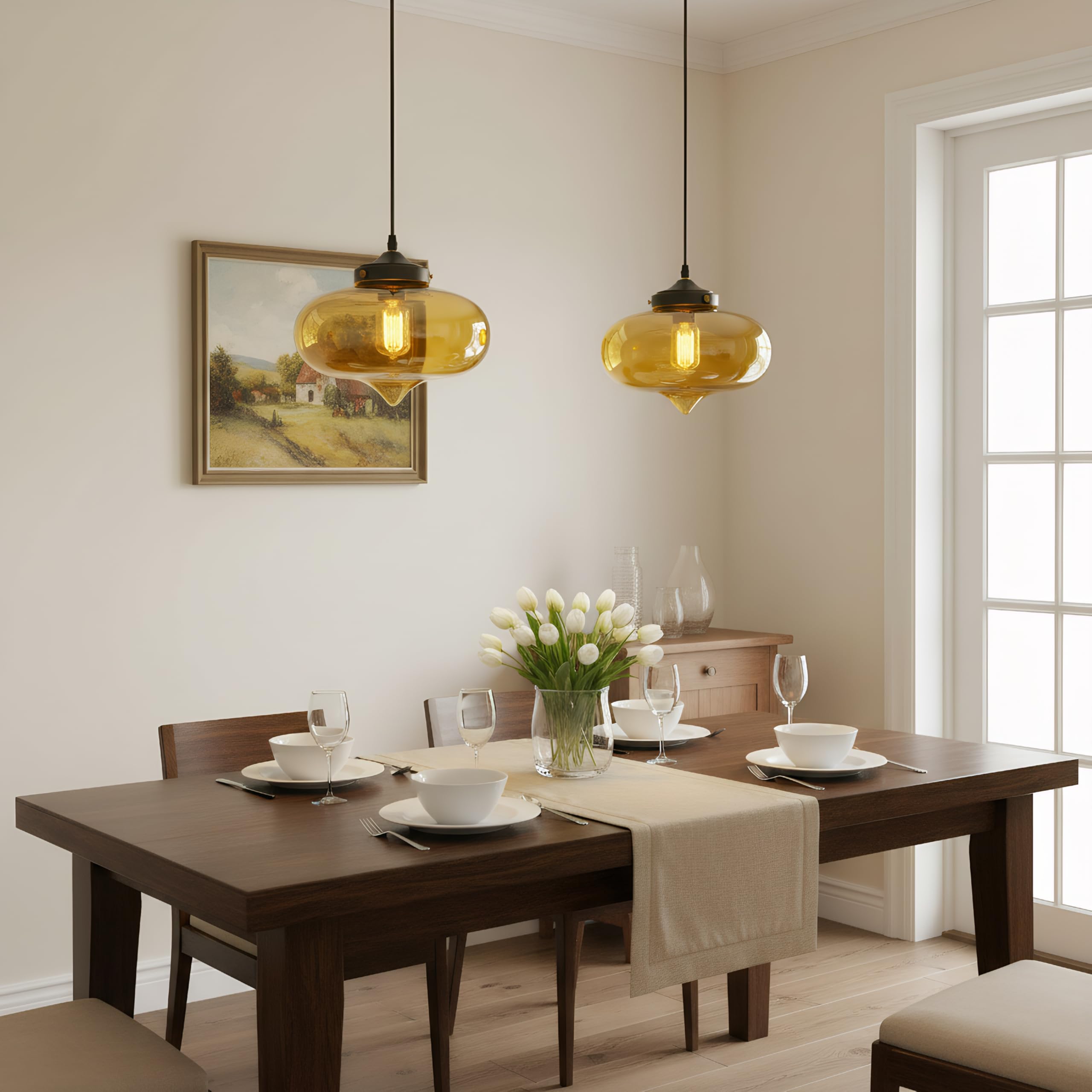 27cm Lampada A Sospensione In Vetro Moderna Con Portalampada In Metallo Nero, Lampadario Da Soffitto Industriale Vintage E27, Per Isola Cucina Sala Da Pranzo Camera Da Letto Bar (Giallo)