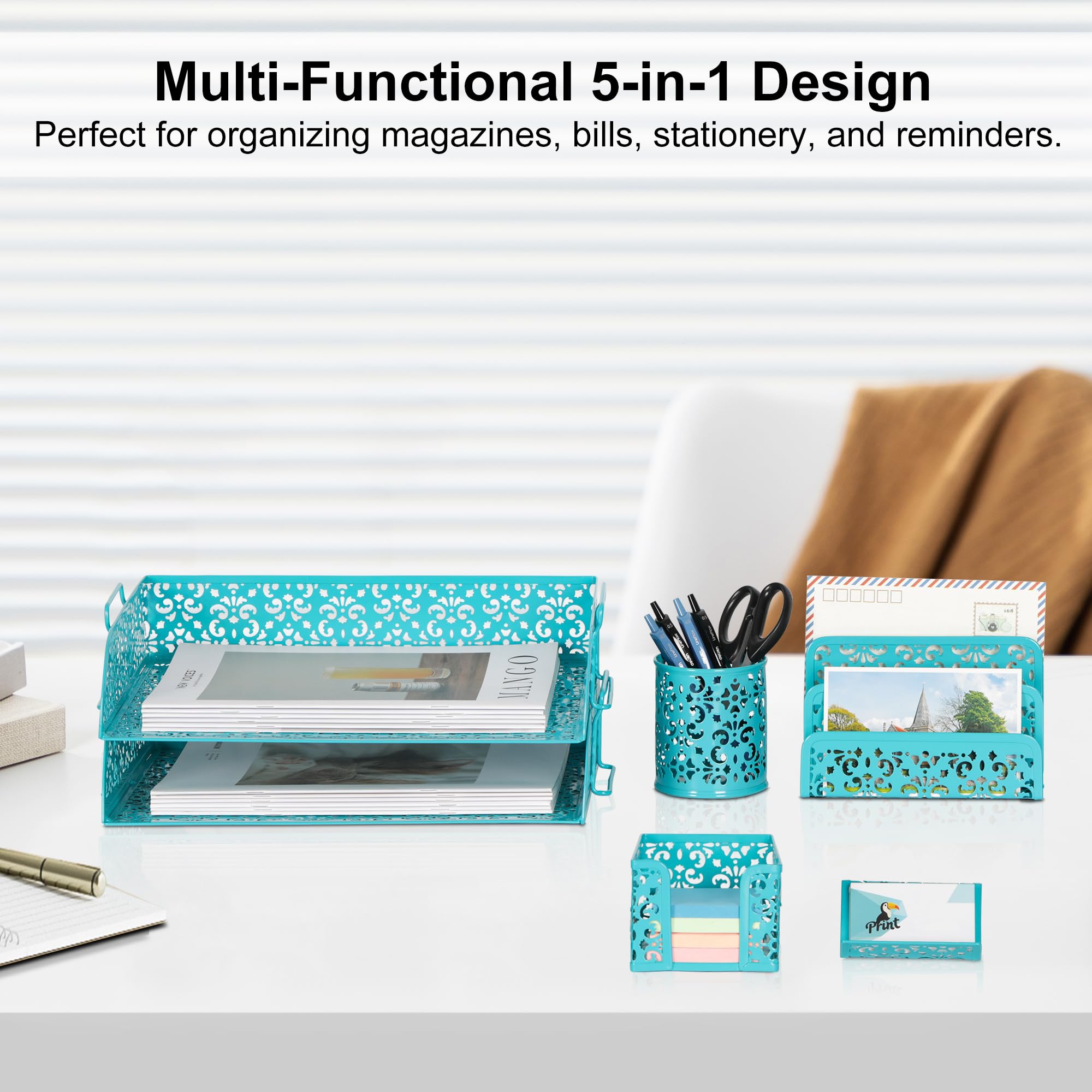 Easypag 5 in 1 organizer da scrivania set – 2 ripiani impilabili Desk Letter Tray, Letter Sorter, portapenne, porta biglietti da visita e stick note Holder Dark Teal