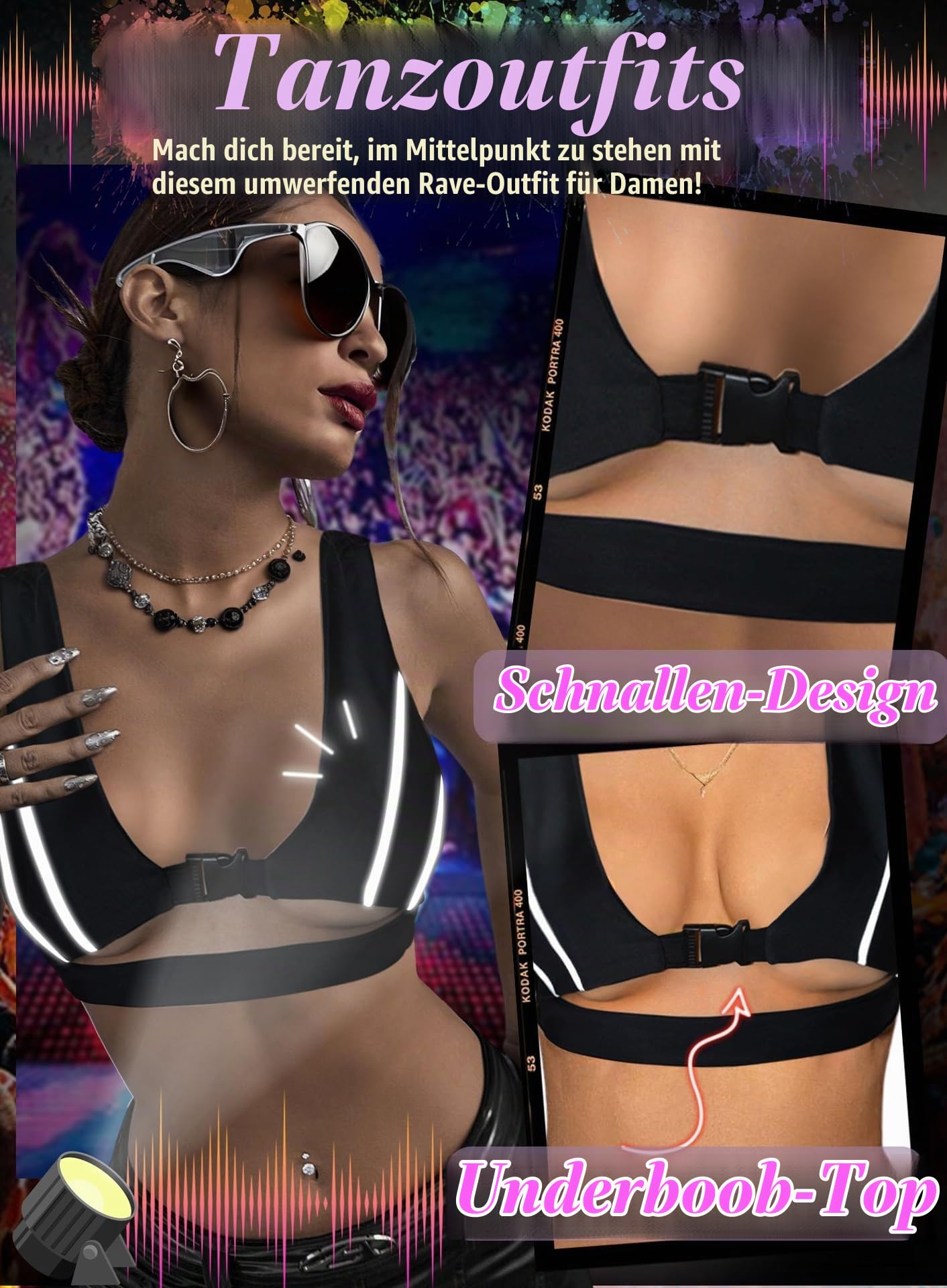 Damen Reflektierendes Rave Bikini Oberteil - Sexy Festival Outfit Push Up Triangel Bikini BH Schwarz Schnalle Unterboob Shirt Oben Kurz Goth Top Techno Party Nightclub Konzert Outfit