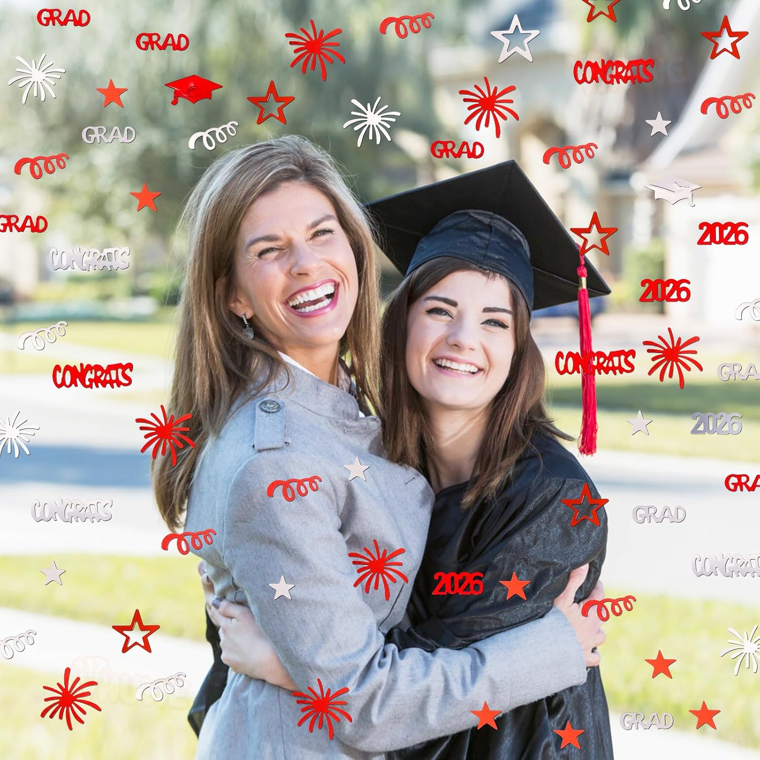 VHUWE Graduation Confetti, Red Silver Congrats Grad Confetti In Various Shapes for Congratulations Graduation Party Table Centerpiece Decorations Class of 2026 Decoration