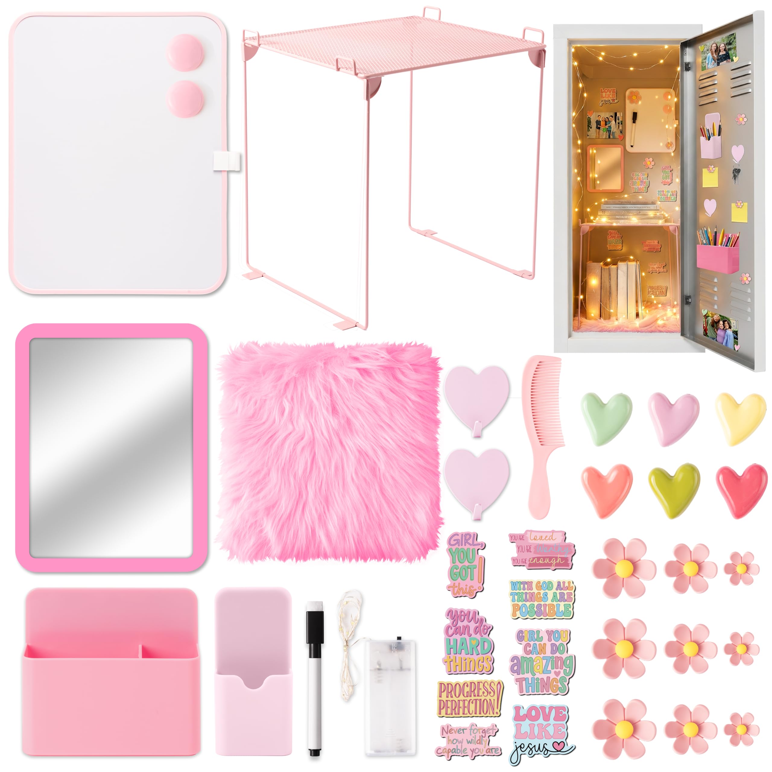 Locker Accessories Kit for Girls - Pink Locker Organiser Set with Shelf
